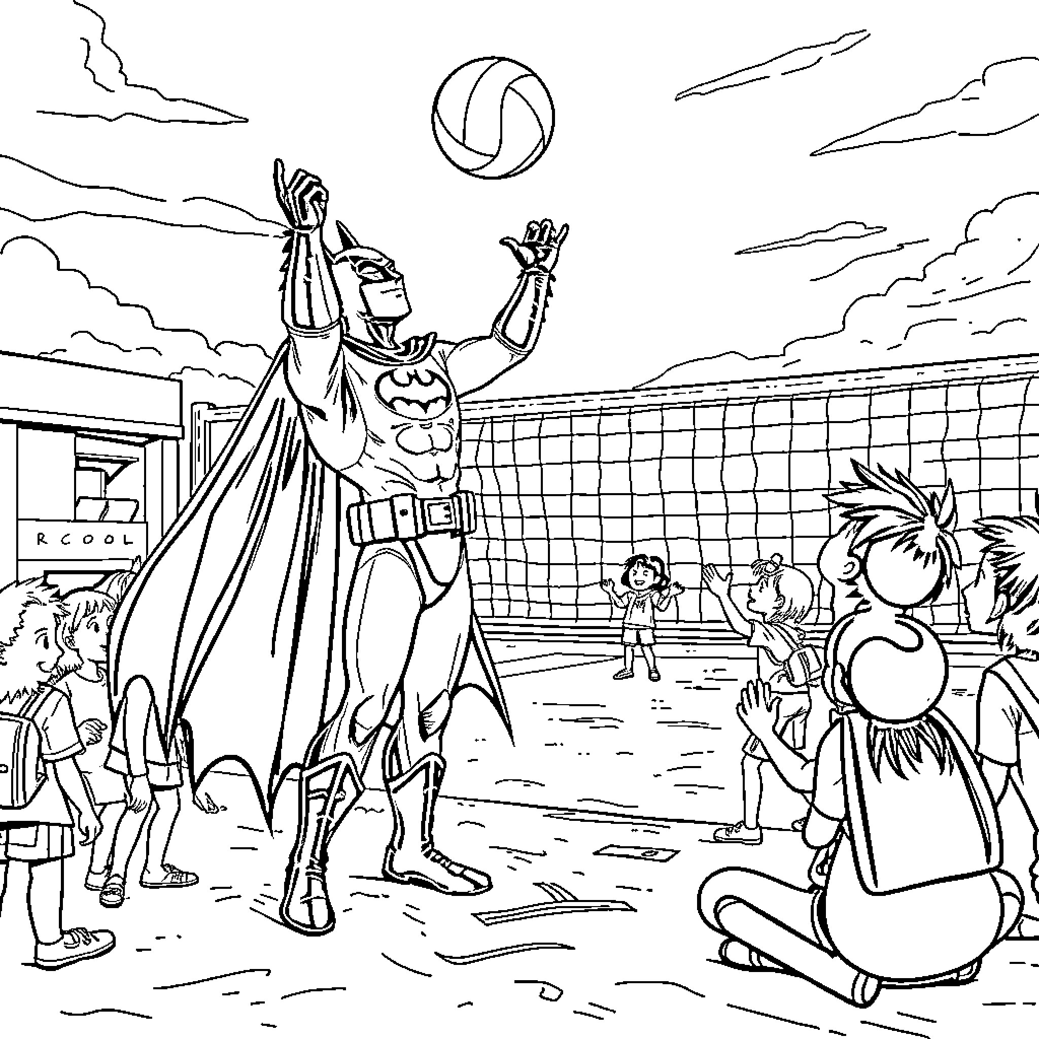 Batman playing volleyball with kids in the park Coloring Page (free black-and-white line drawing printable PDF for all, from beginners to advanced learners, including children, teens, adults, and seniors)