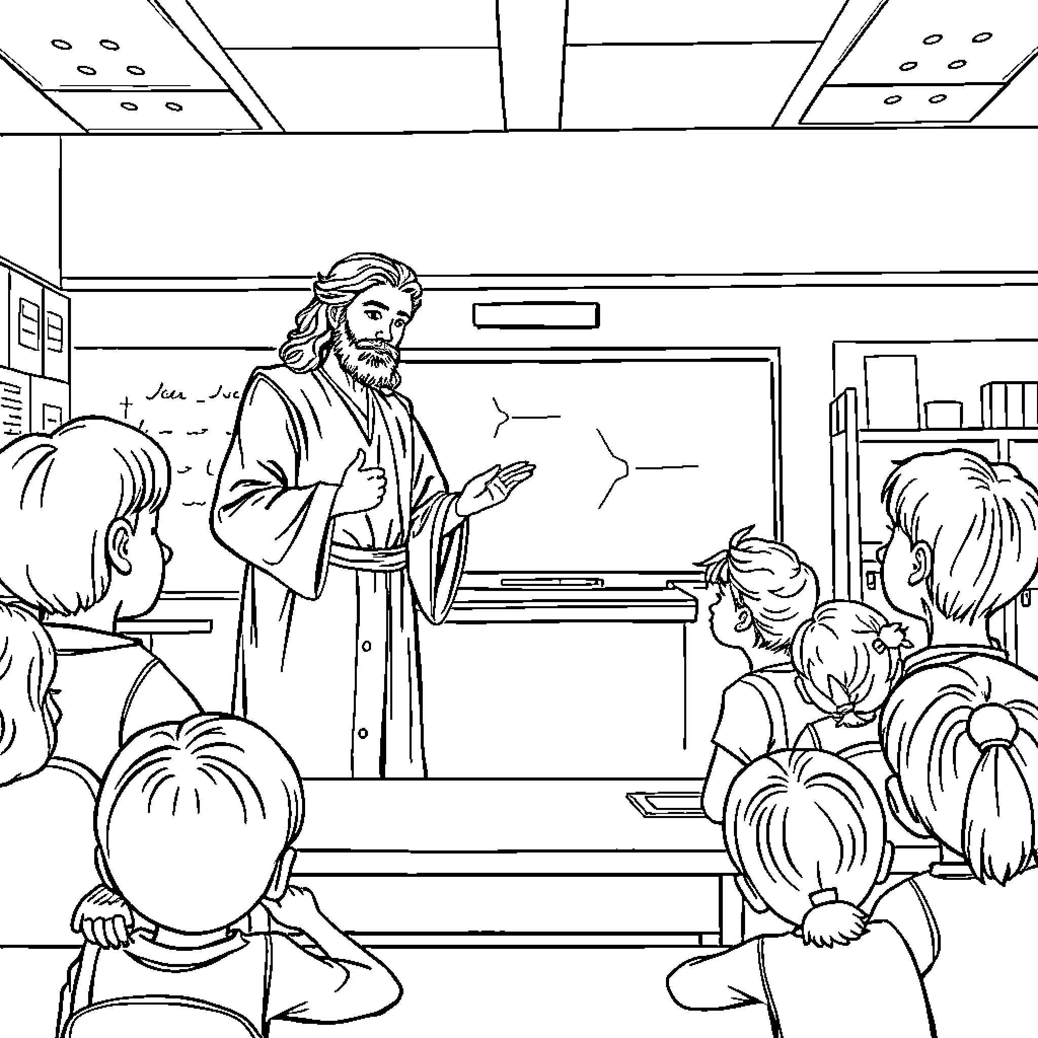 Teacher Instructing Students in Classroom Coloring Page (free black-and-white line drawing printable PDF for all, from beginners to advanced learners, including children, teens, adults, and seniors)
