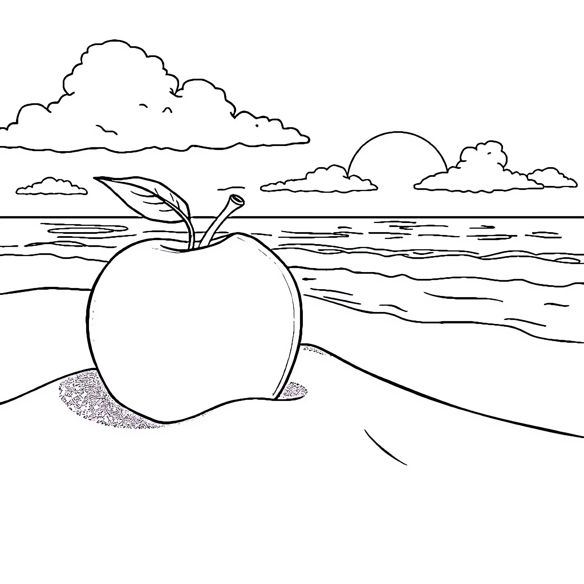 Apple floating on tranquil waters Coloring Page (free black-and-white line drawing printable PDF for all, from beginners to advanced learners, including children, teens, adults, and seniors)