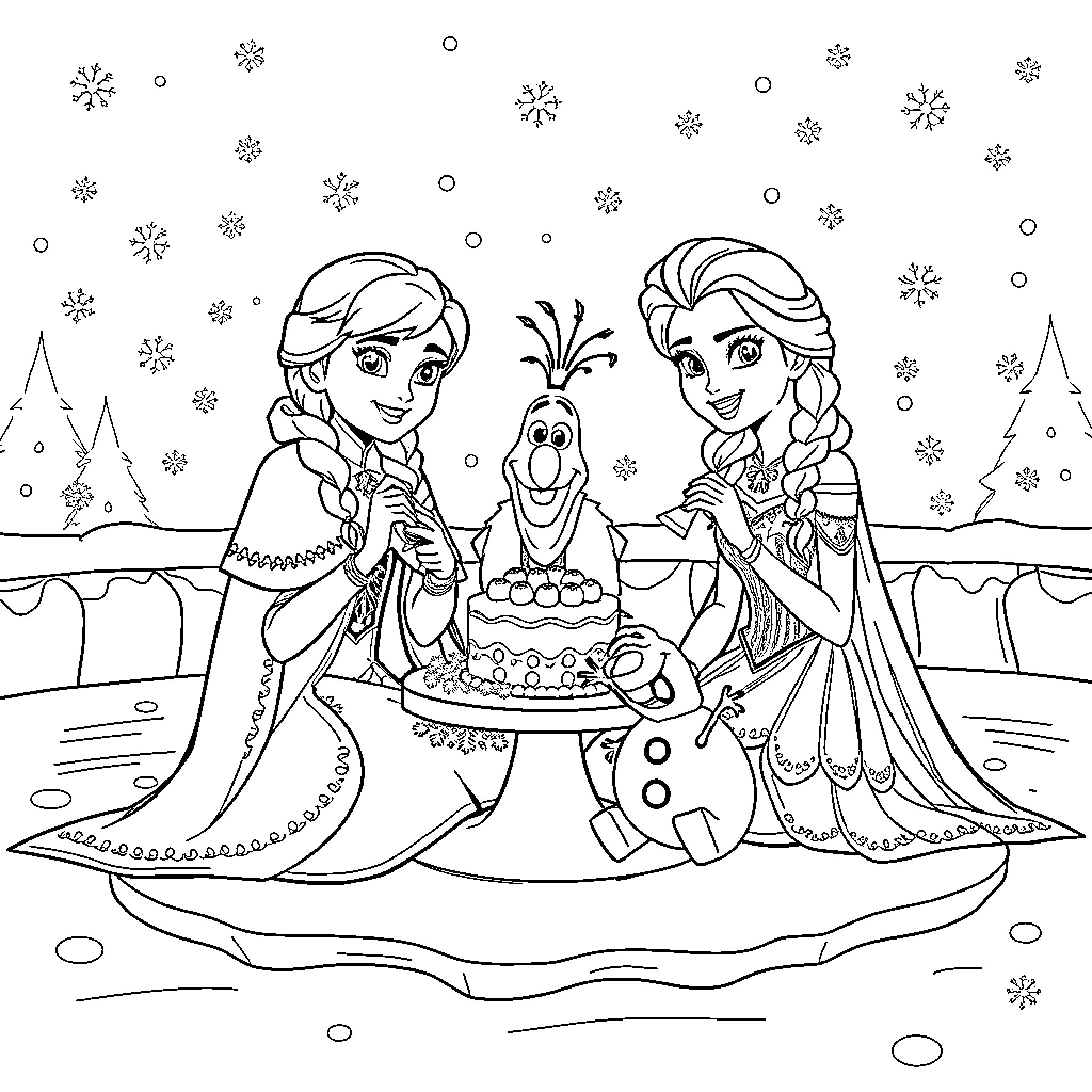 Anna and Elsa celebrate a winter wonderland with Olaf Coloring Page (free black-and-white line drawing printable PDF for all, from beginners to advanced learners, including children, teens, adults, and seniors)