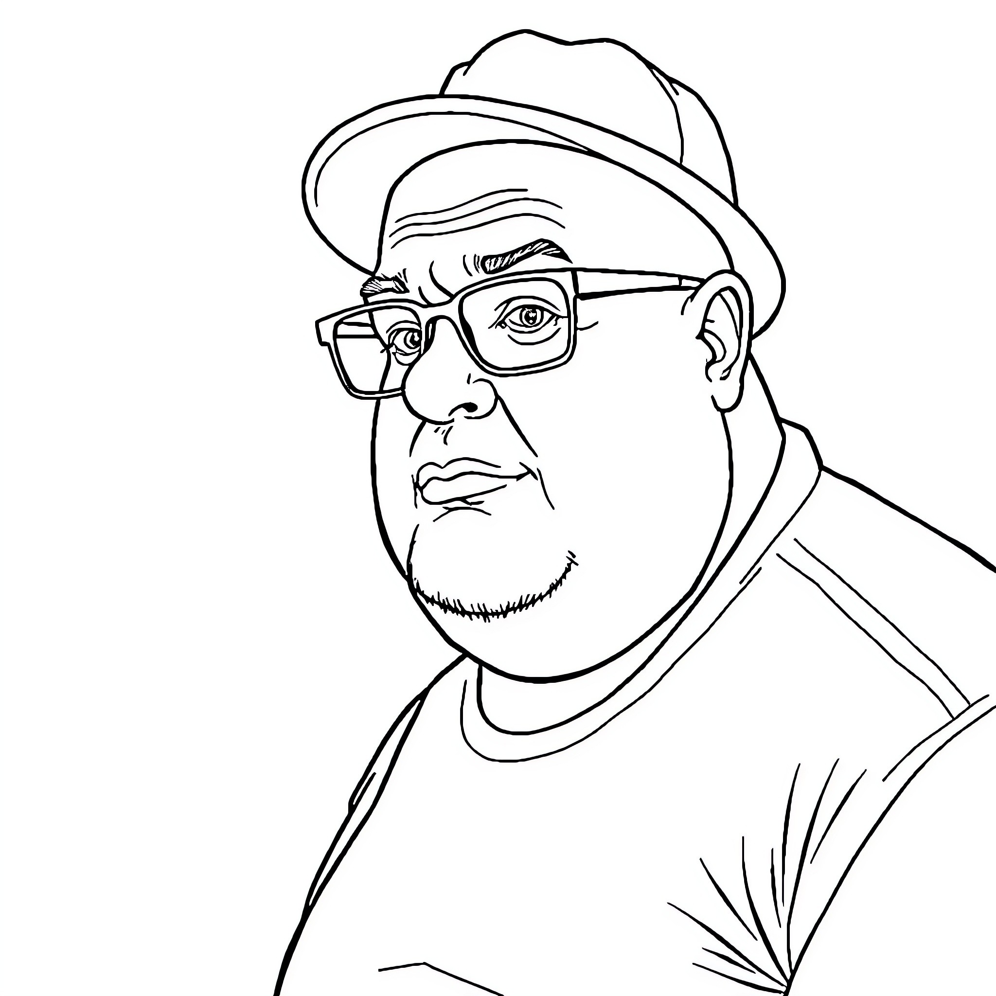 Guy with Glasses and Baseball Cap in Thoughtful Expression Coloring Page (free black-and-white line drawing printable PDF for all, from beginners to advanced learners, including children, teens, adults, and seniors)