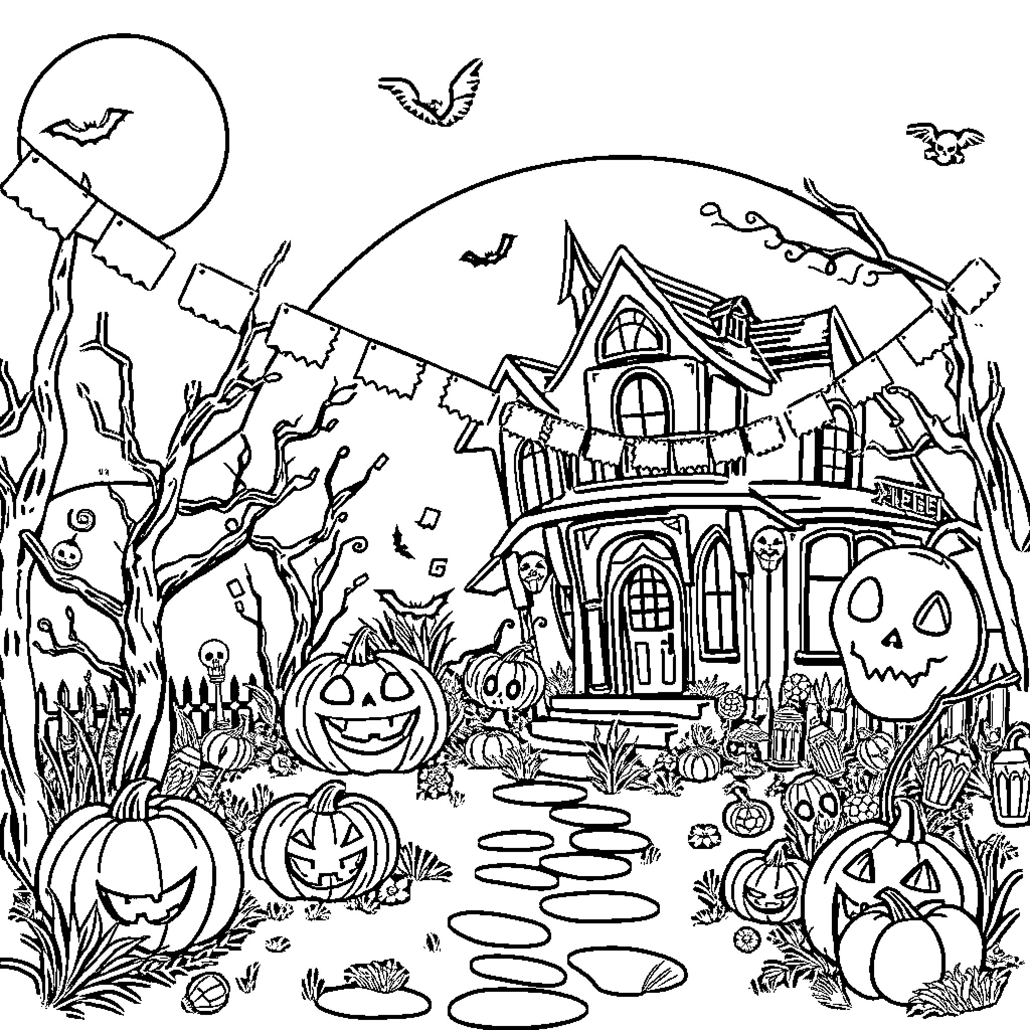 Halloween haunted house and spooky characters Coloring Page (free black-and-white line drawing printable PDF for all, from beginners to advanced learners, including children, teens, adults, and seniors)