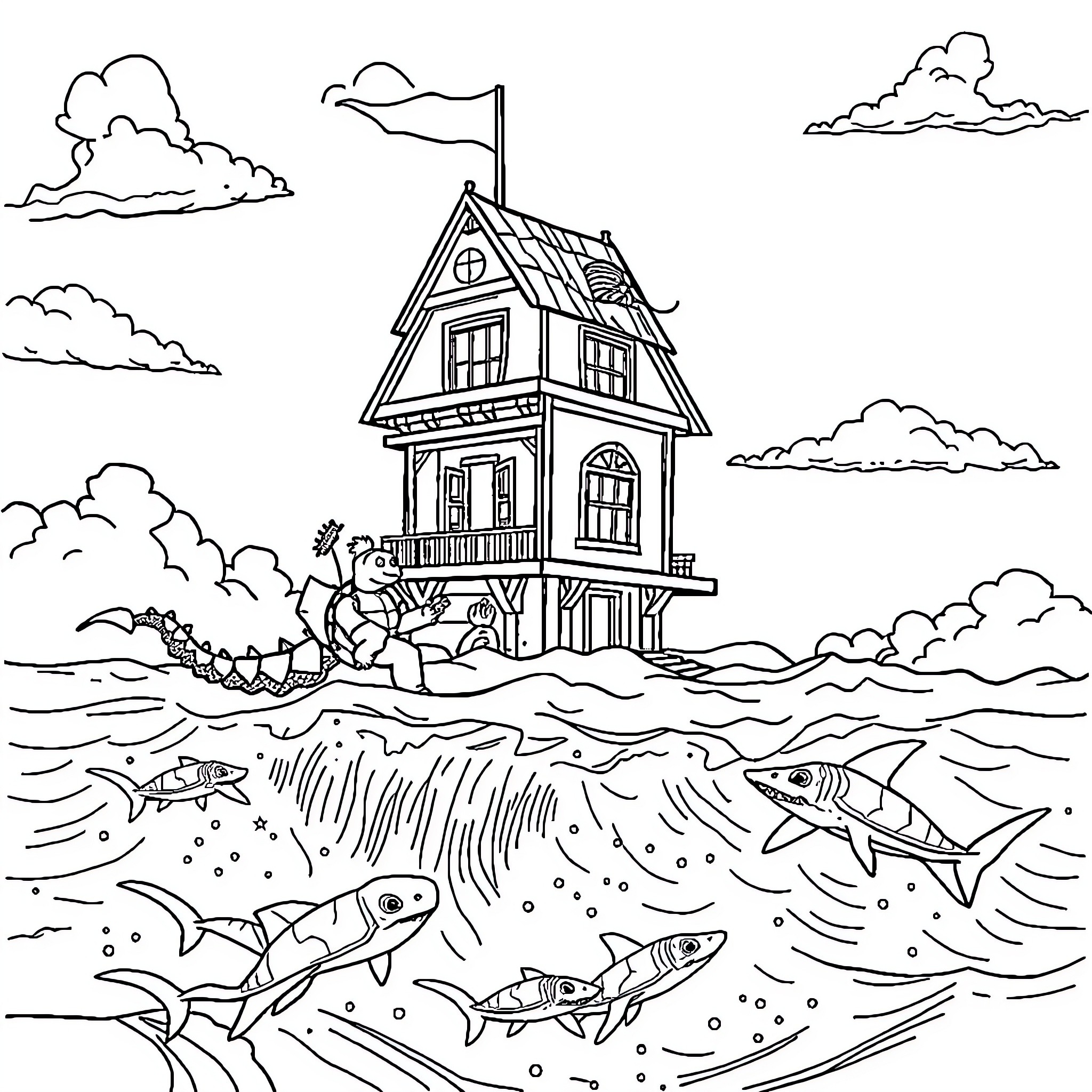 Dragon House Floating on the Ocean Waves Coloring Page (free black-and-white line drawing printable PDF for all, from beginners to advanced learners, including children, teens, adults, and seniors)