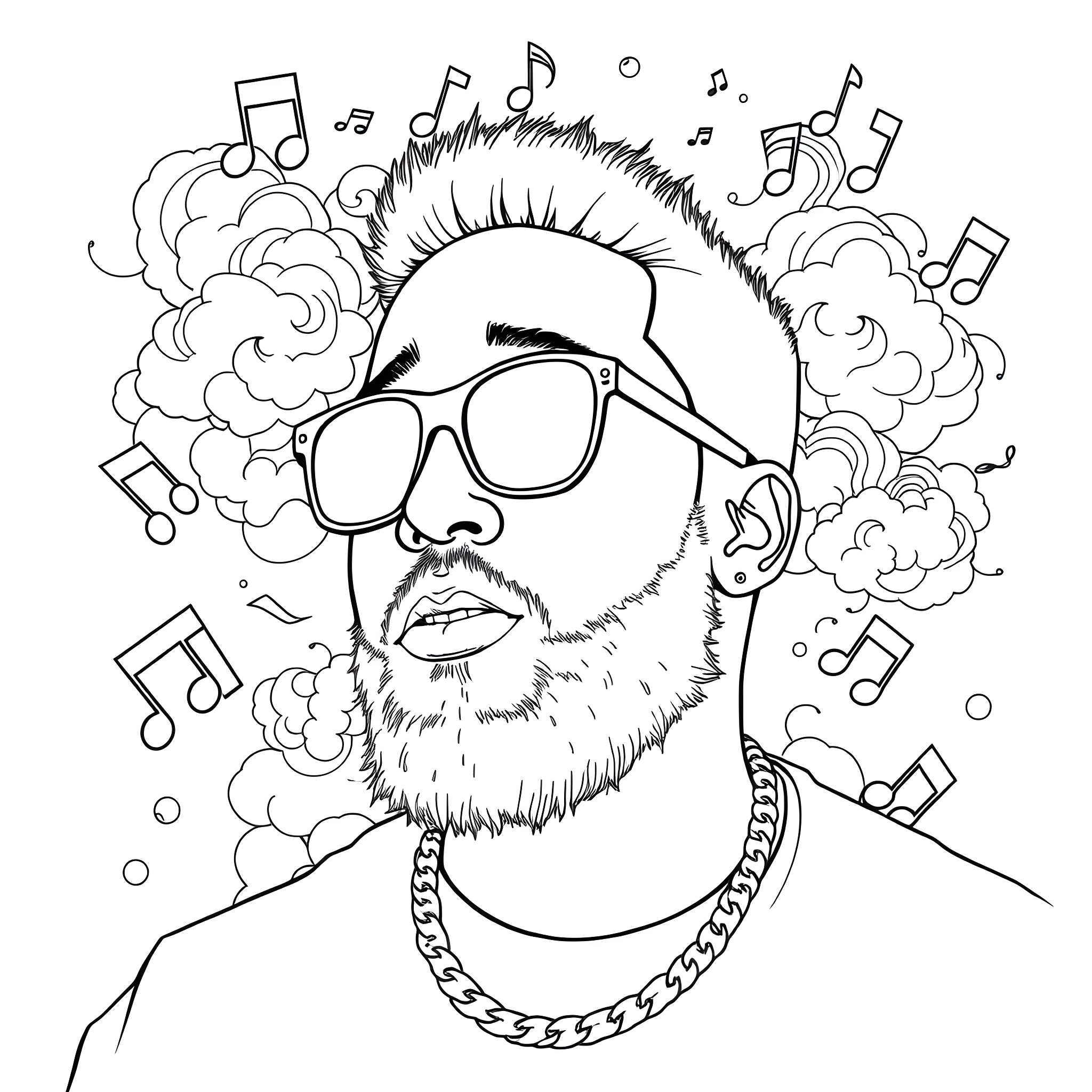 Mac Miller's musical expression in a whimsical scene Coloring Page (free black-and-white line drawing printable PDF for all, from beginners to advanced learners, including children, teens, adults, and seniors)