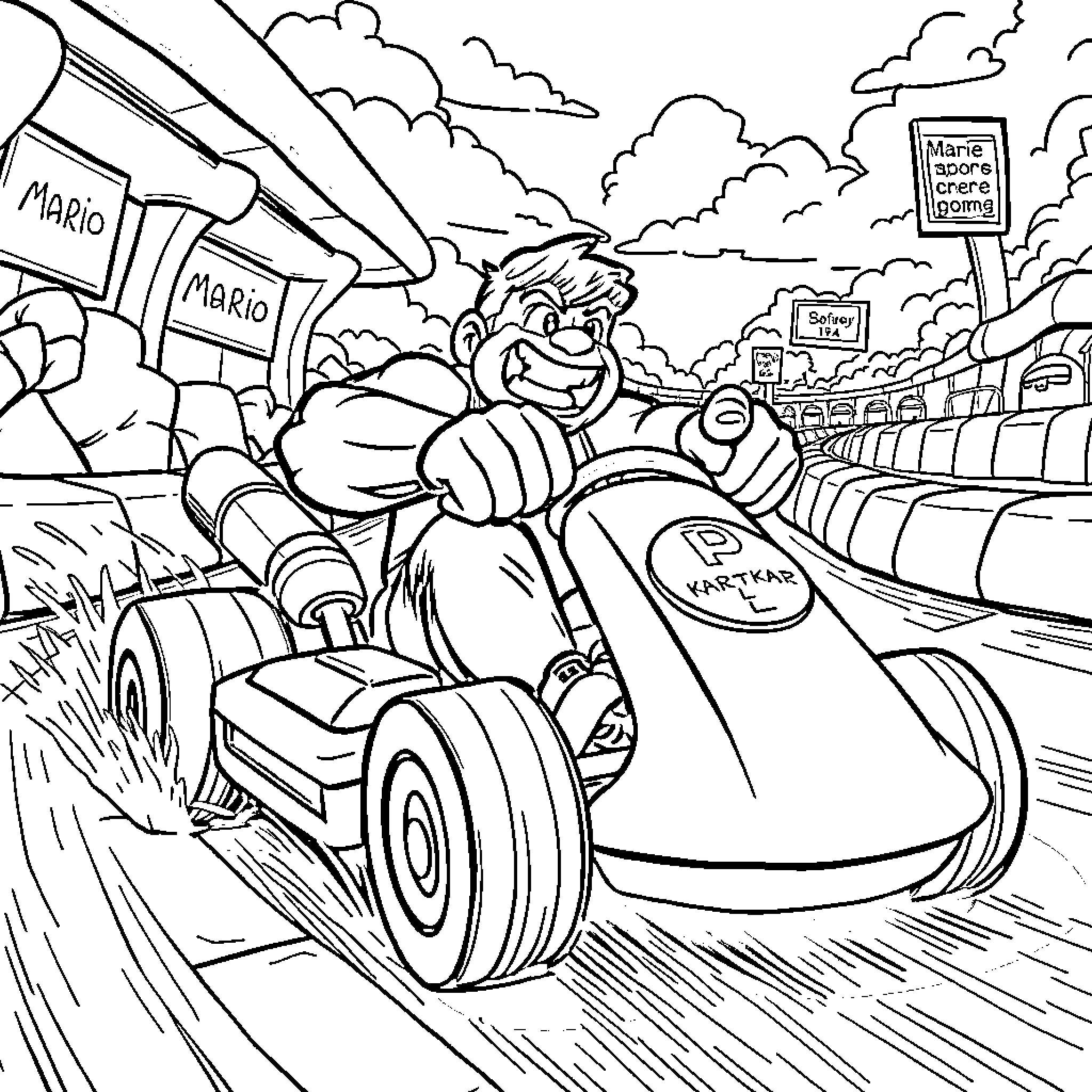 Hulk Drives Fast Go-Kart in Racetrack Coloring Page (free black-and-white line drawing printable PDF for all, from beginners to advanced learners, including children, teens, adults, and seniors)
