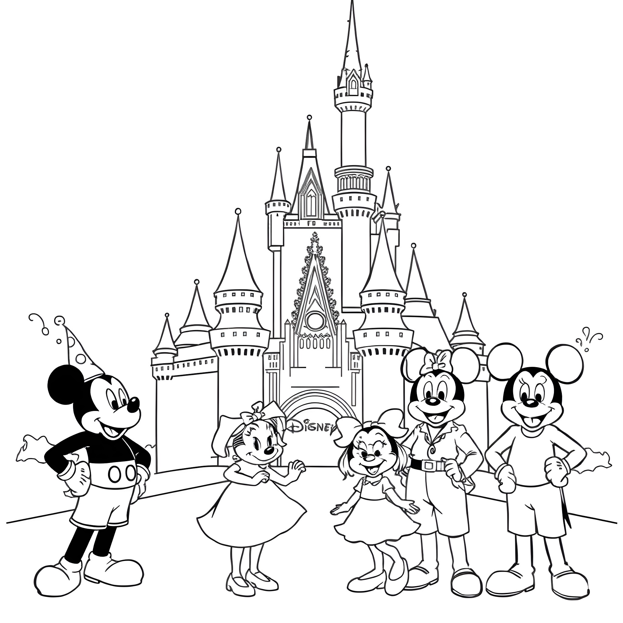 Disney Characters Posing Happily in Front of the Castle Coloring Page (free black-and-white line drawing printable PDF for all, from beginners to advanced learners, including children, teens, adults, and seniors)