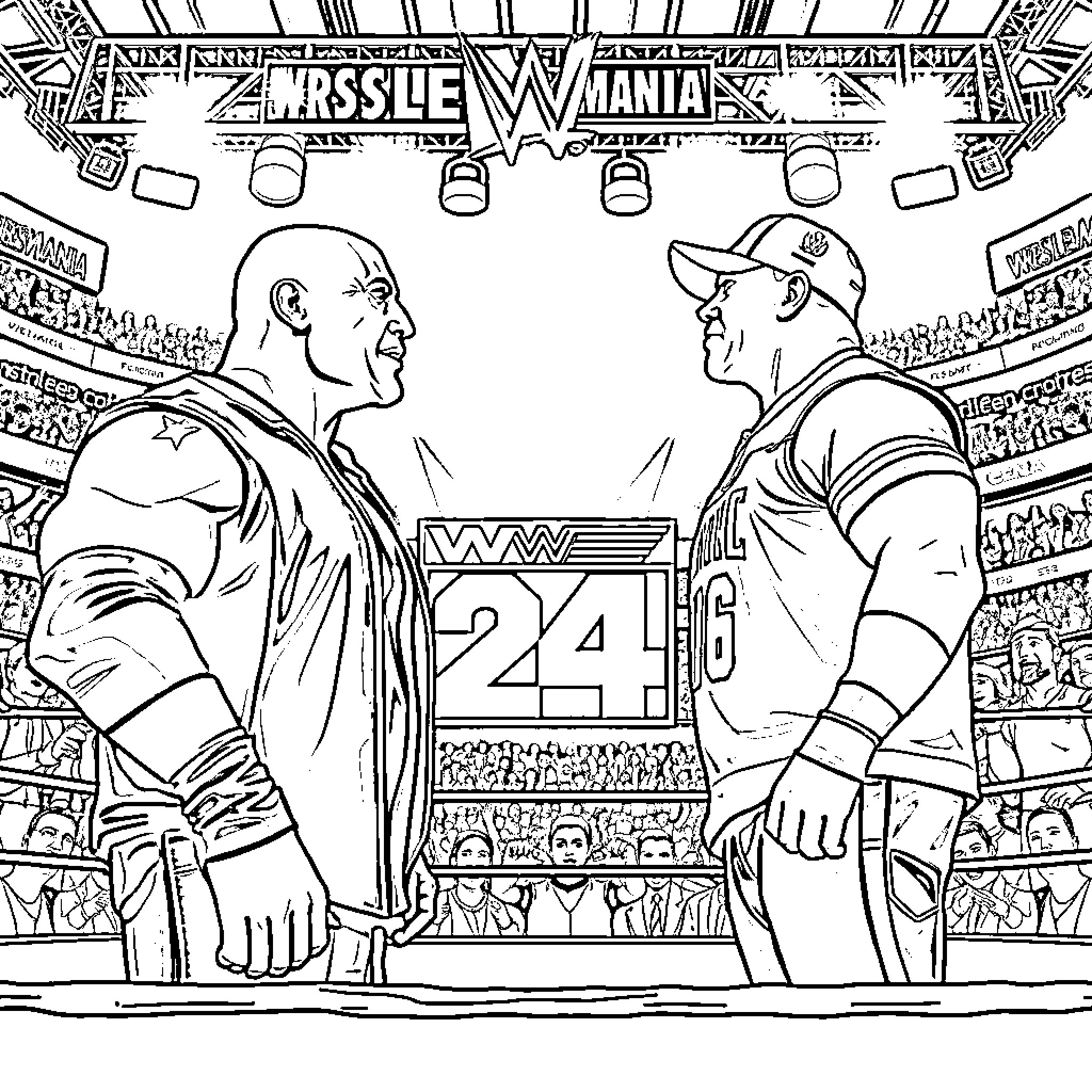Wrestler rivals facing off in an arena Coloring Page (free black-and-white line drawing printable PDF for all, from beginners to advanced learners, including children, teens, adults, and seniors)