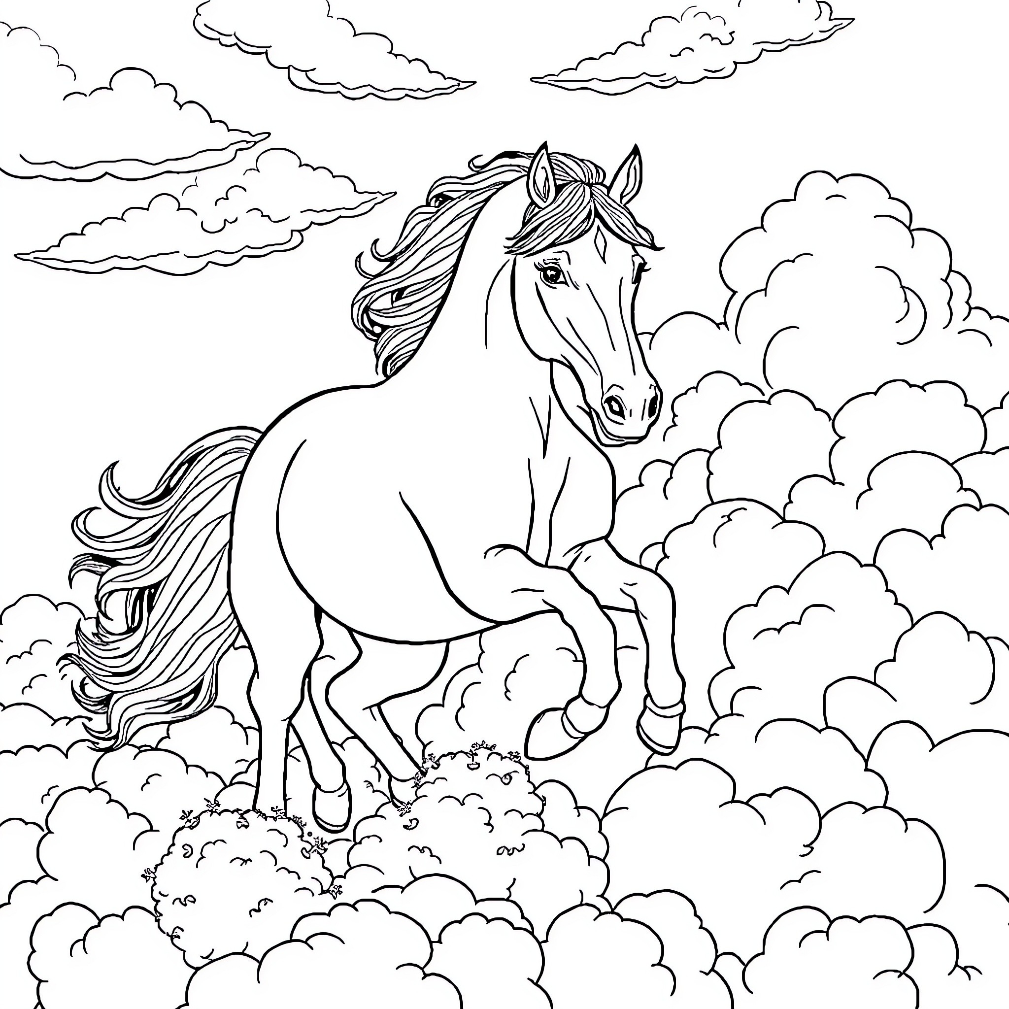 Horse galloping through a cloudy sky Coloring Page (free black-and-white line drawing printable PDF for all, from beginners to advanced learners, including children, teens, adults, and seniors)