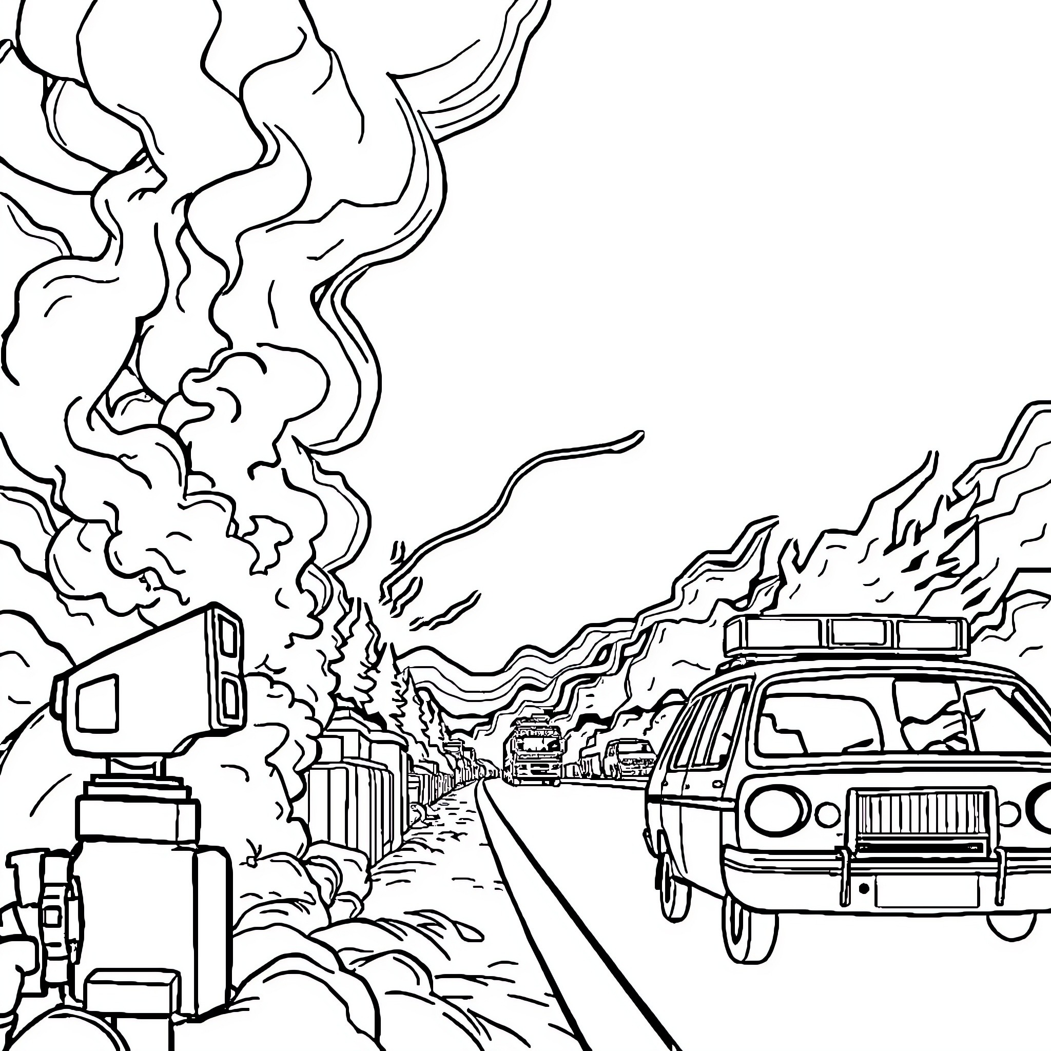 Siren in a Fiery Cityscape Coloring Page (free black-and-white line drawing printable PDF for all, from beginners to advanced learners, including children, teens, adults, and seniors)