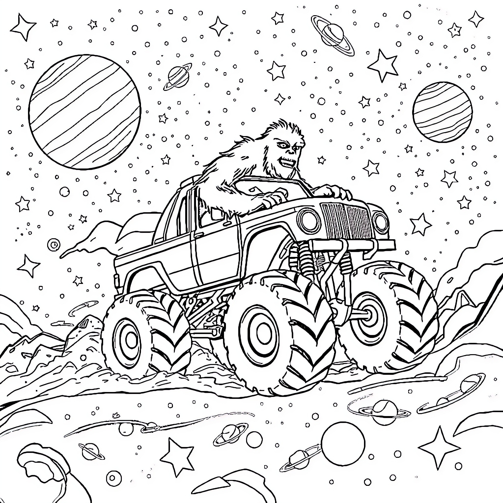 Monster Truck Conquering Outer Space Adventure Coloring Page (free black-and-white line drawing printable PDF for all, from beginners to advanced learners, including children, teens, adults, and seniors)