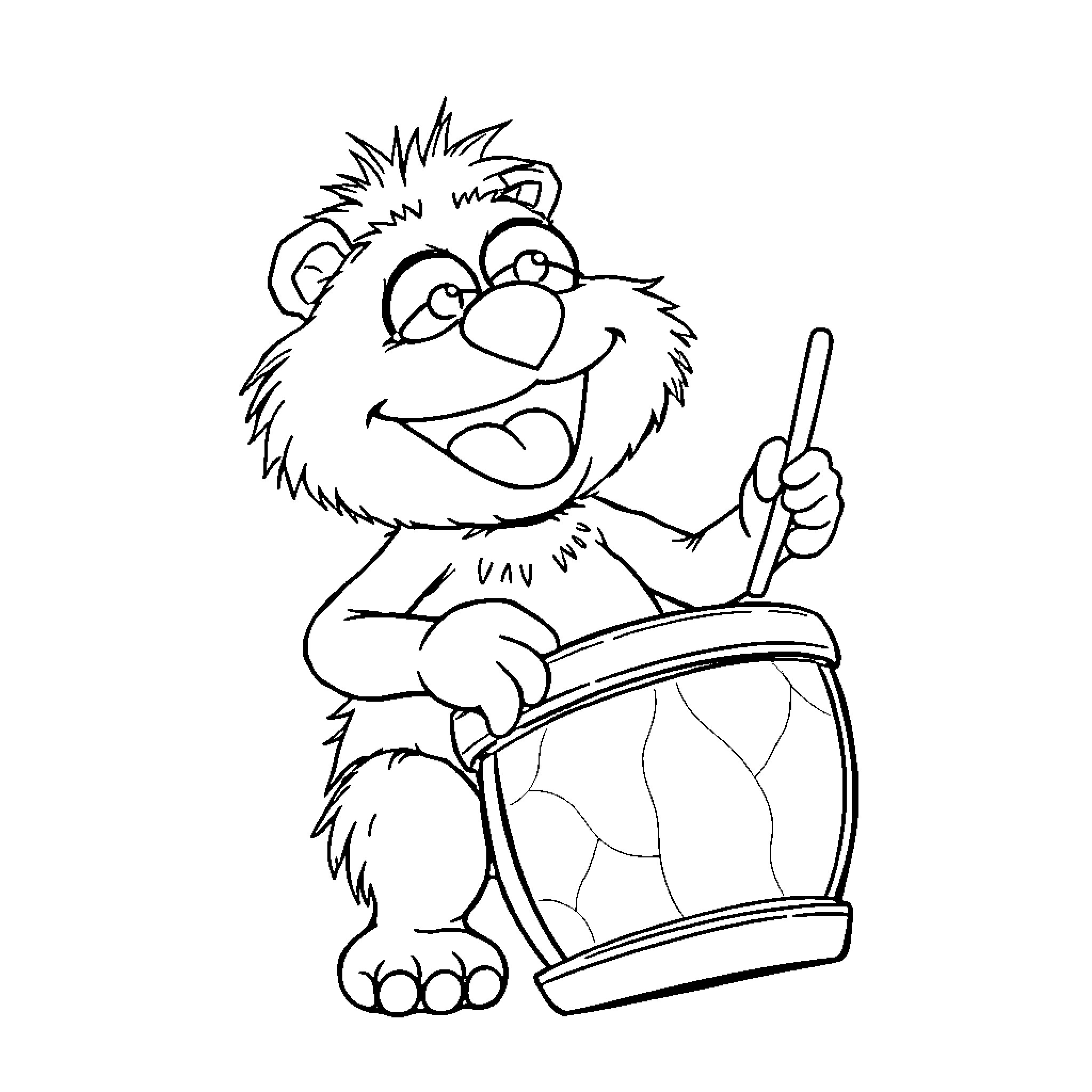 Animal playing happily with drum Coloring Page (free black-and-white line drawing printable PDF for all, from beginners to advanced learners, including children, teens, adults, and seniors)