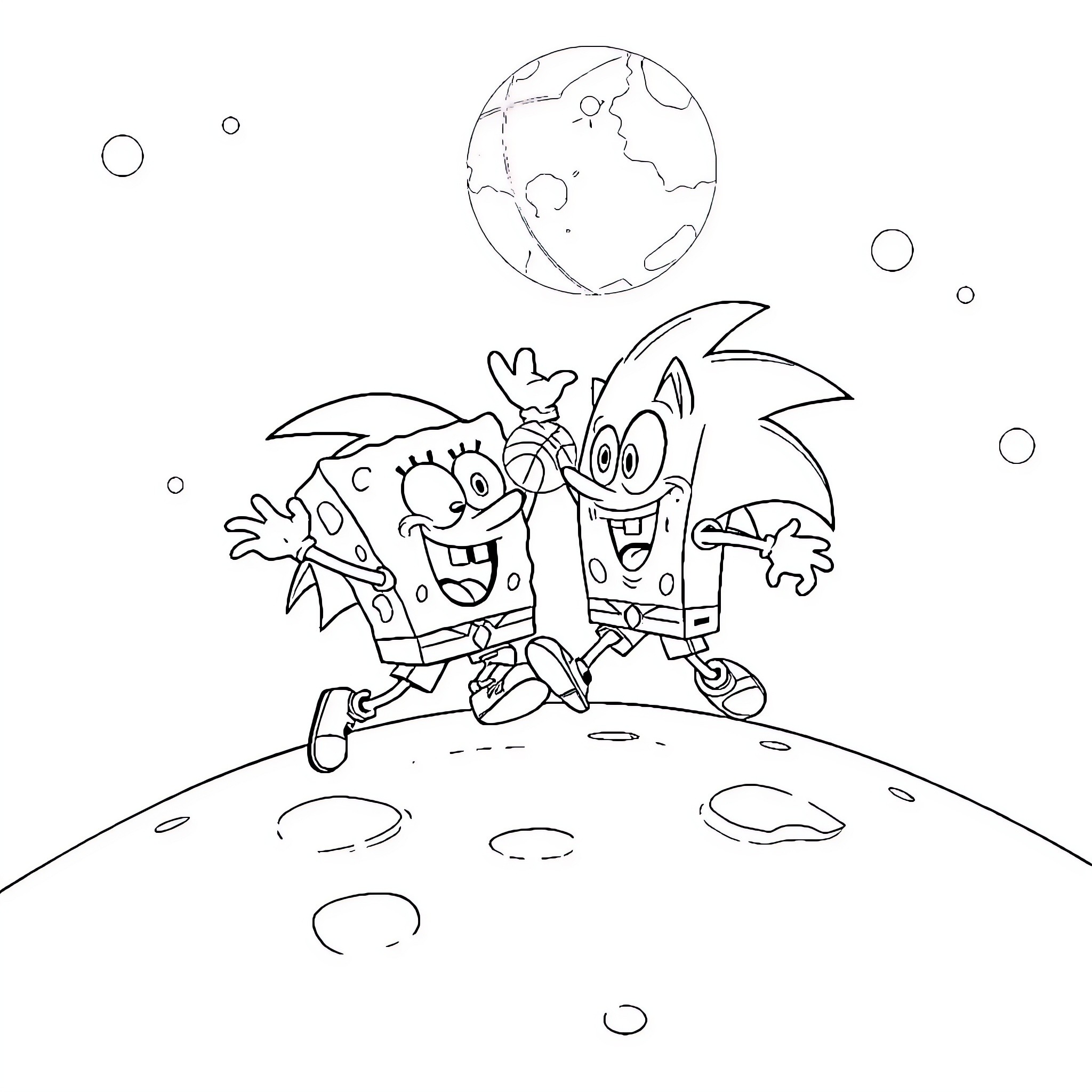 Spongebob and friends exploring an alien planet Coloring Page (free black-and-white line drawing printable PDF for all, from beginners to advanced learners, including children, teens, adults, and seniors)