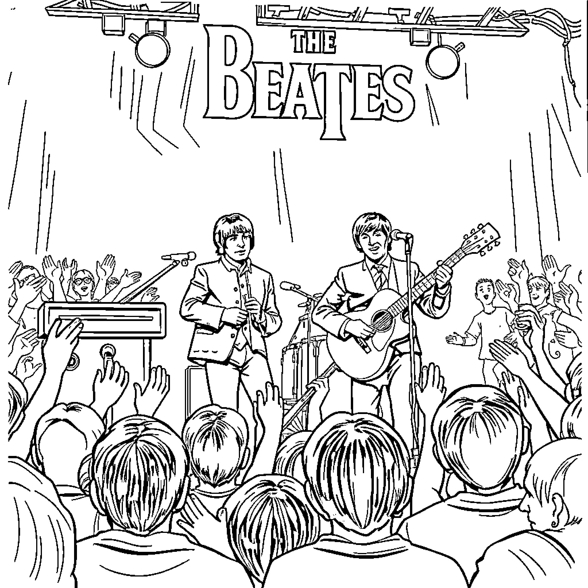 Beatles Performing on Stage with Crowd Coloring Page (free black-and-white line drawing printable PDF for all, from beginners to advanced learners, including children, teens, adults, and seniors)