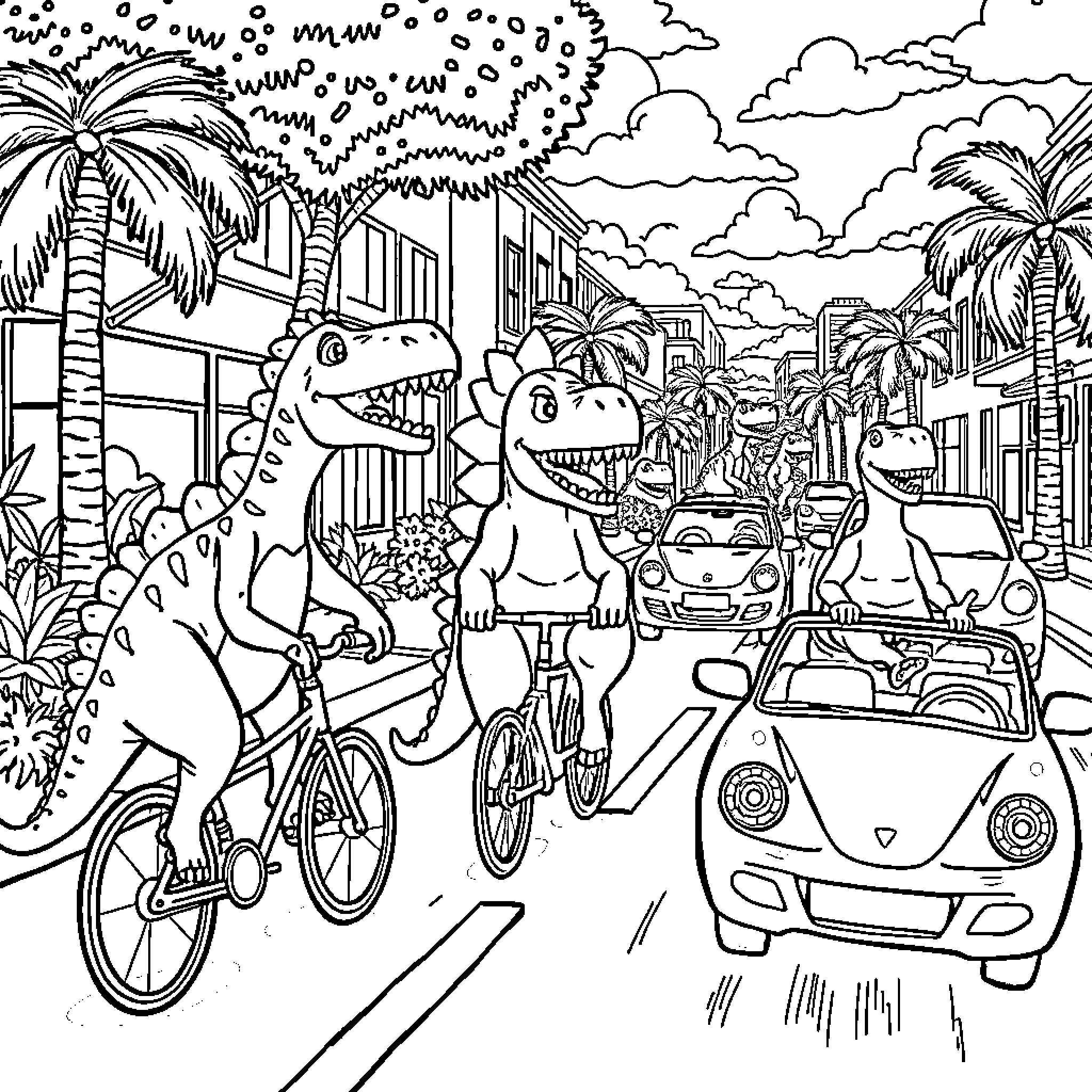 Dinosaurs enjoying a lively street scene Coloring Page (free black-and-white line drawing printable PDF for all, from beginners to advanced learners, including children, teens, adults, and seniors)