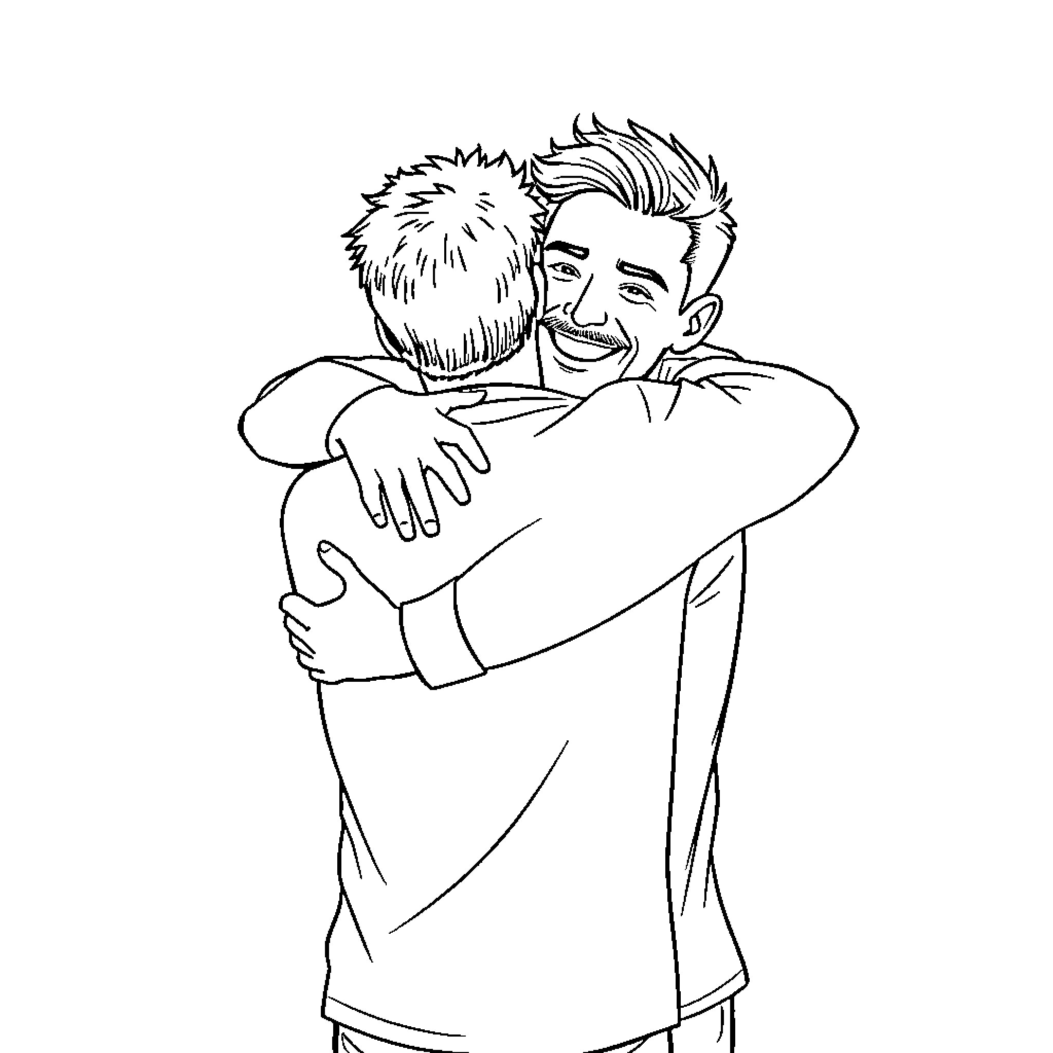 Guy embracing friend in heartwarming moment Coloring Page (free black-and-white line drawing printable PDF for all, from beginners to advanced learners, including children, teens, adults, and seniors)