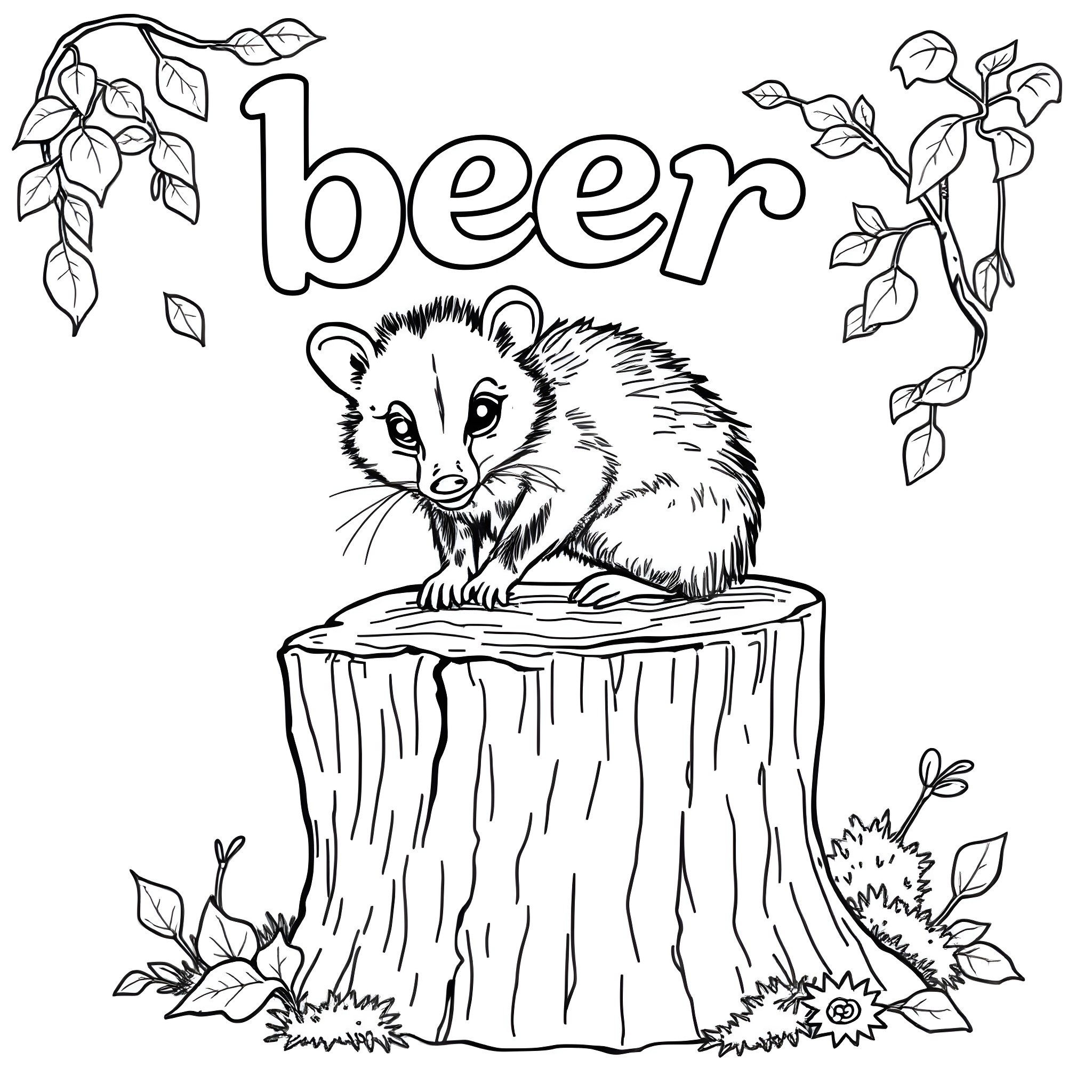 Possum resting on a tree stump in nature Coloring Page (free black-and-white line drawing printable PDF for all, from beginners to advanced learners, including children, teens, adults, and seniors)
