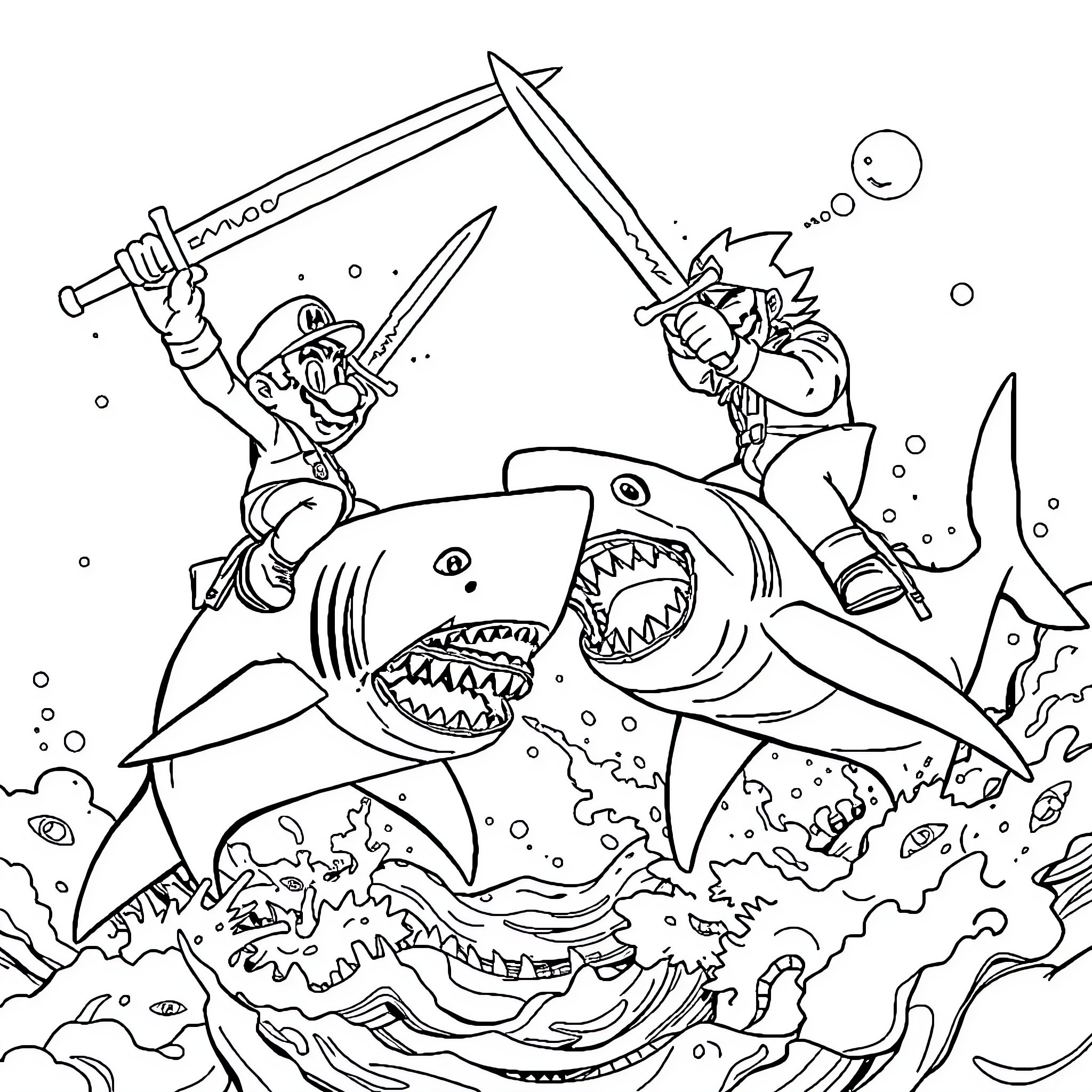Shark battle with armed warriors underwater Coloring Page (free black-and-white line drawing printable PDF for all, from beginners to advanced learners, including children, teens, adults, and seniors)