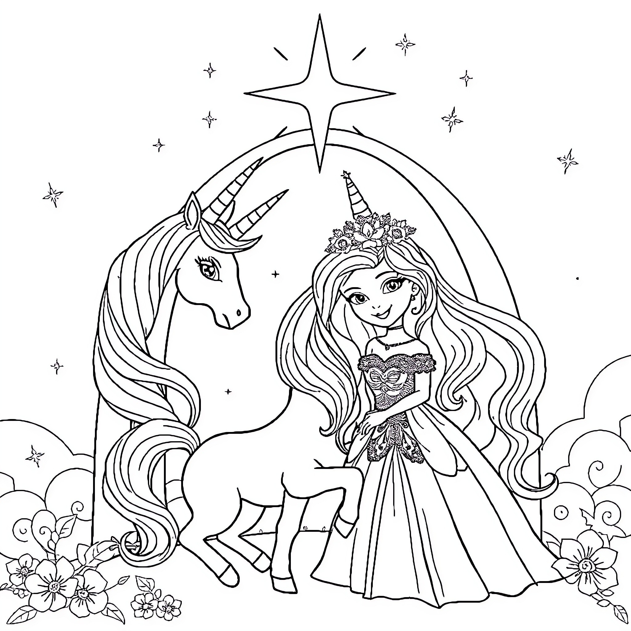 Unicorn princess with flowing hair in magical forest Coloring Page (free black-and-white line drawing printable PDF for all, from beginners to advanced learners, including children, teens, adults, and seniors)