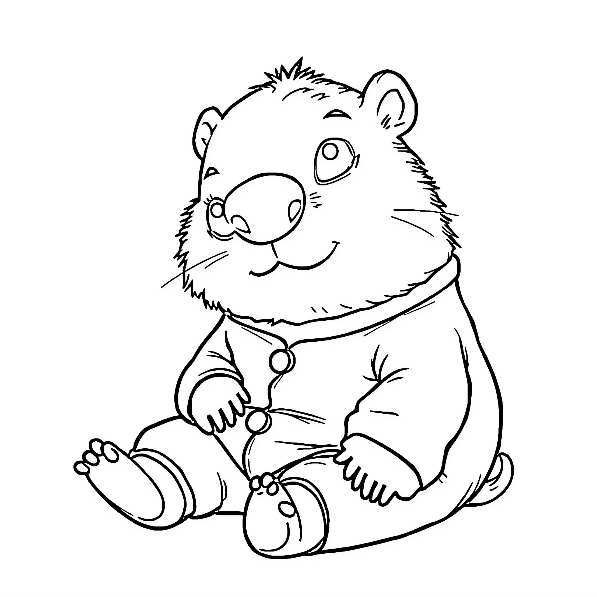 Capybara wearing a cute outfit and sitting happily Coloring Page (free black-and-white line drawing printable PDF for all, from beginners to advanced learners, including children, teens, adults, and seniors)