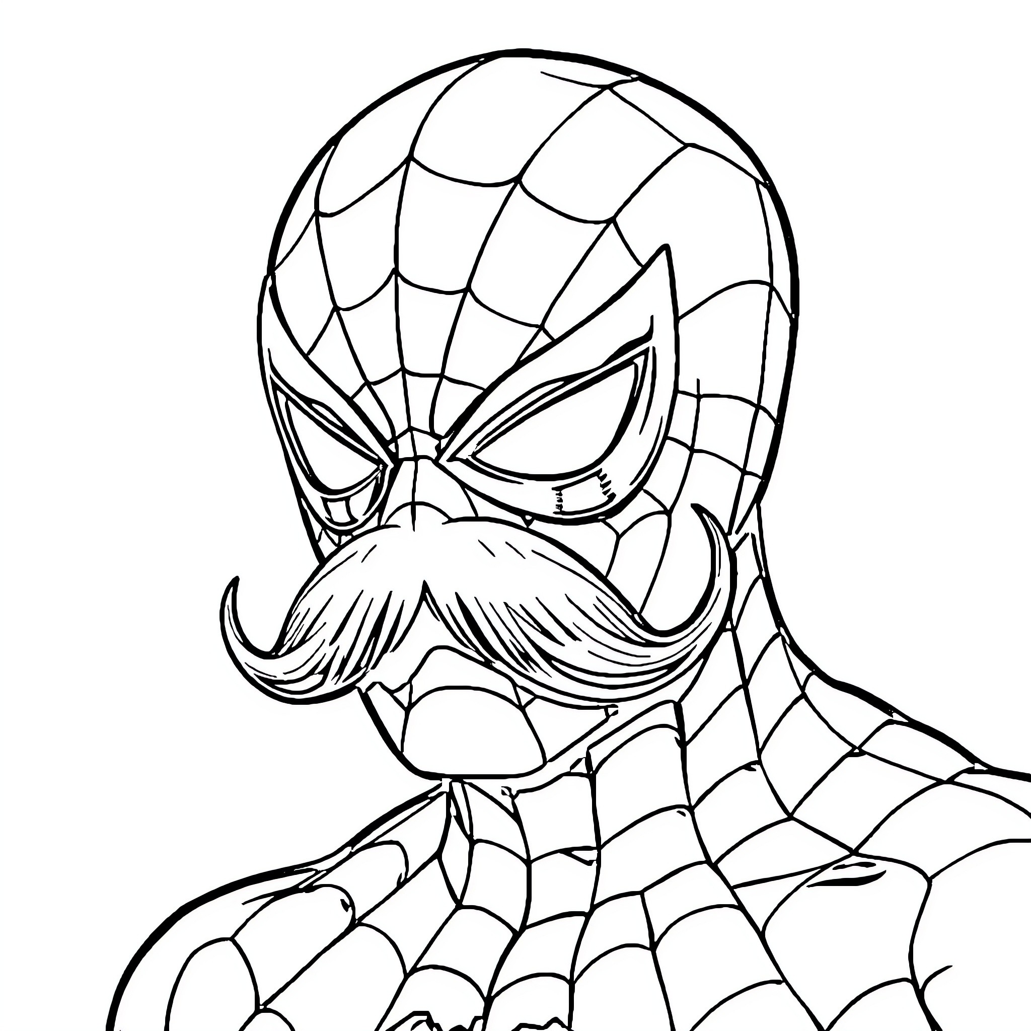 Spiderman with Mustache in Action Pose Coloring Page (free black-and-white line drawing printable PDF for all, from beginners to advanced learners, including children, teens, adults, and seniors)