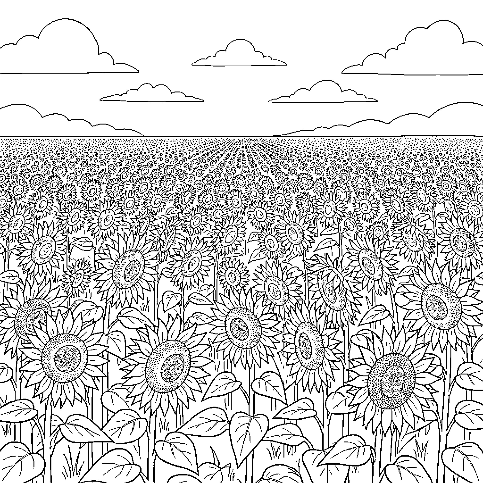 Sunflower field stretching towards the horizon under clouds Coloring Page (free black-and-white line drawing printable PDF for all, from beginners to advanced learners, including children, teens, adults, and seniors)