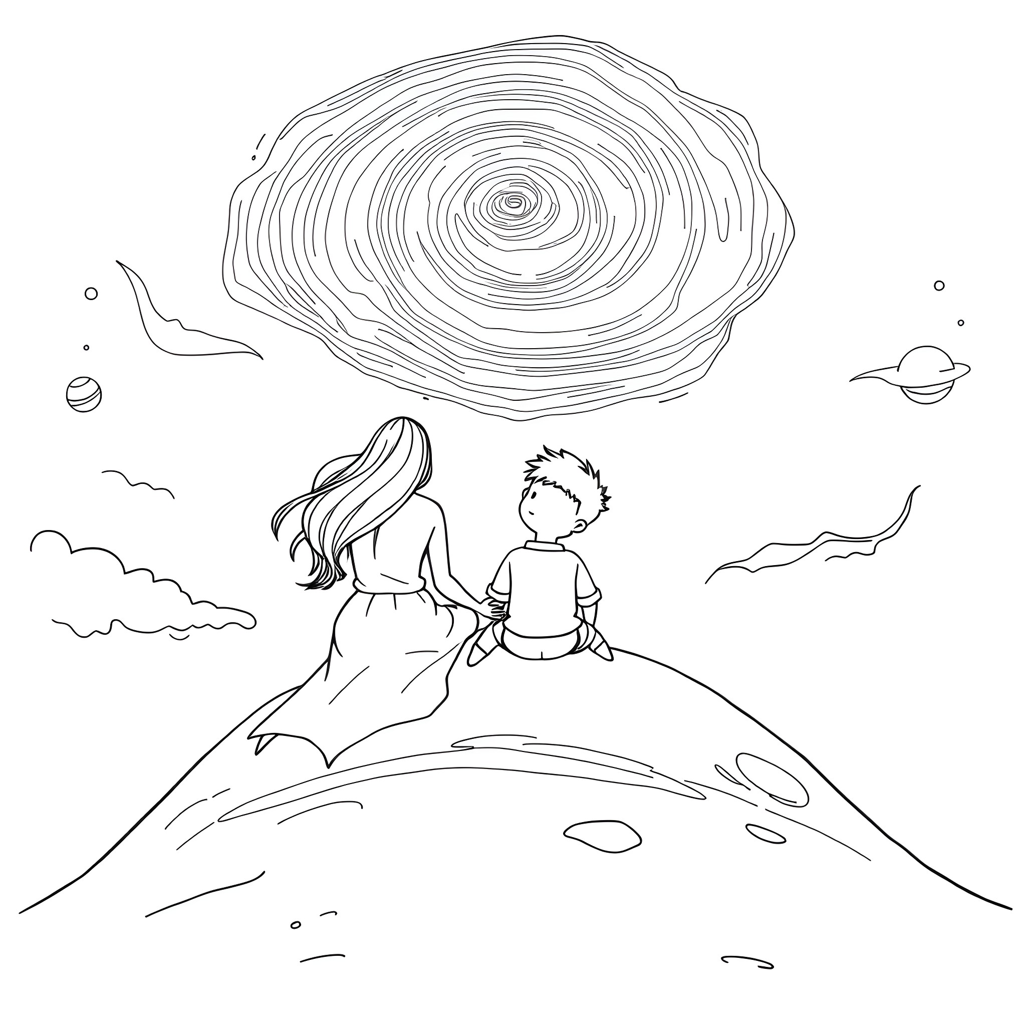 Family Sitting on Hill Gazing at Cosmic Swirls Coloring Page (free black-and-white line drawing printable PDF for all, from beginners to advanced learners, including children, teens, adults, and seniors)