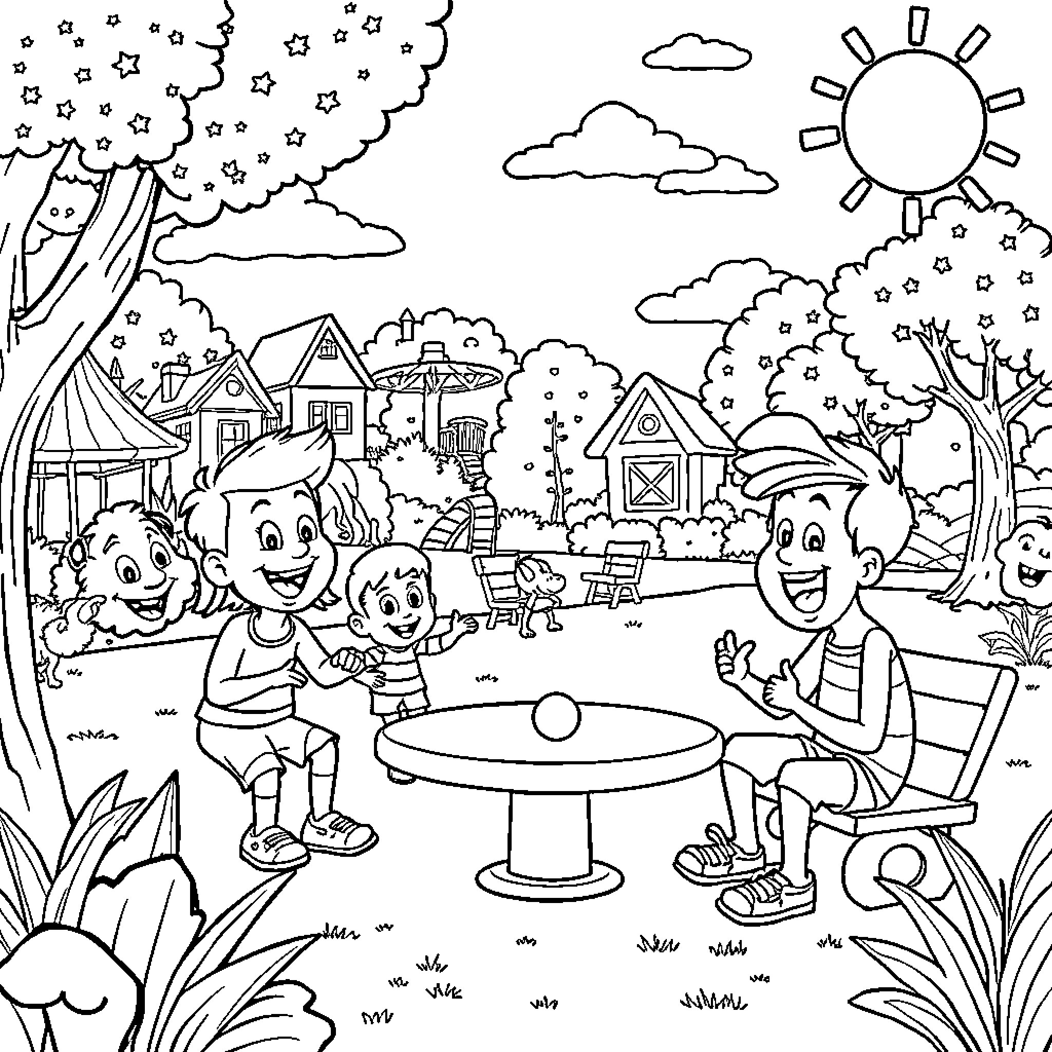 Lazytown kids enjoying a sunny day outdoors Coloring Page (free black-and-white line drawing printable PDF for all, from beginners to advanced learners, including children, teens, adults, and seniors)