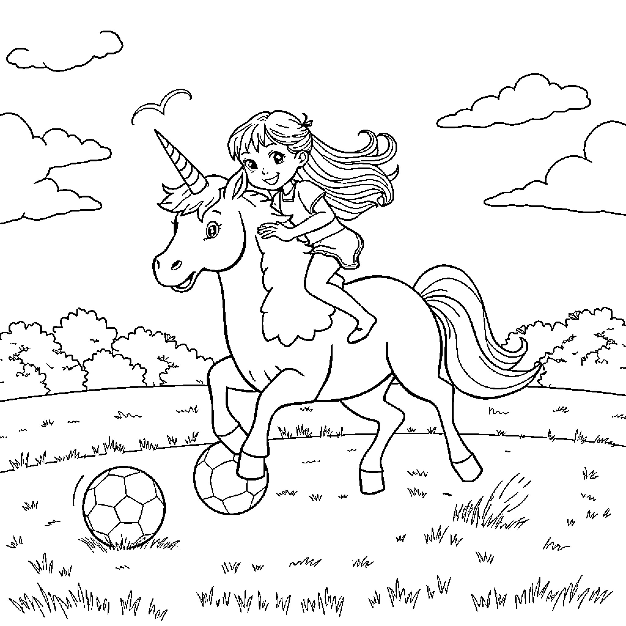 Unicorn and girl playing joyfully in the meadow Coloring Page (free black-and-white line drawing printable PDF for all, from beginners to advanced learners, including children, teens, adults, and seniors)
