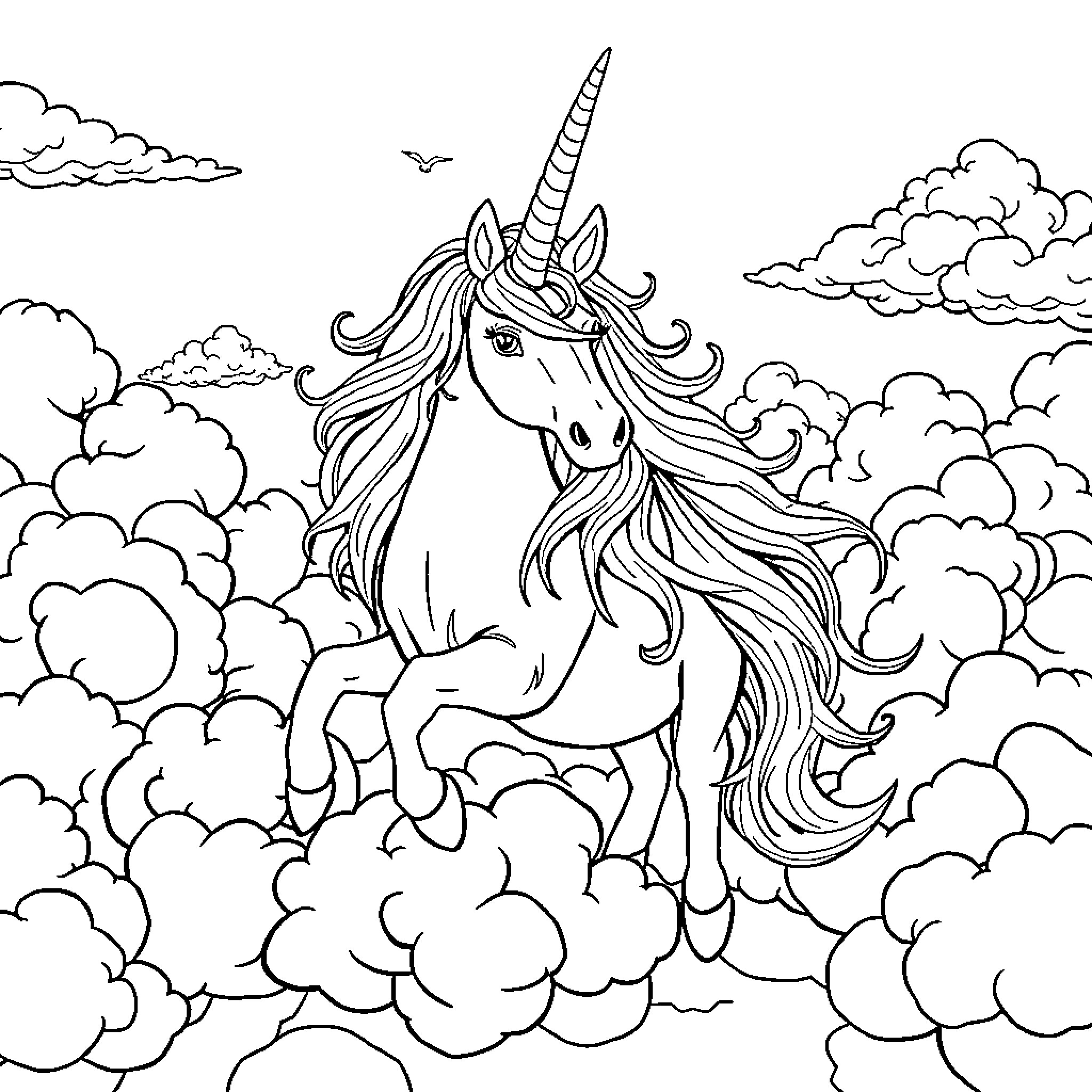 Unicorn soaring through the clouds Coloring Page (free black-and-white line drawing printable PDF for all, from beginners to advanced learners, including children, teens, adults, and seniors)