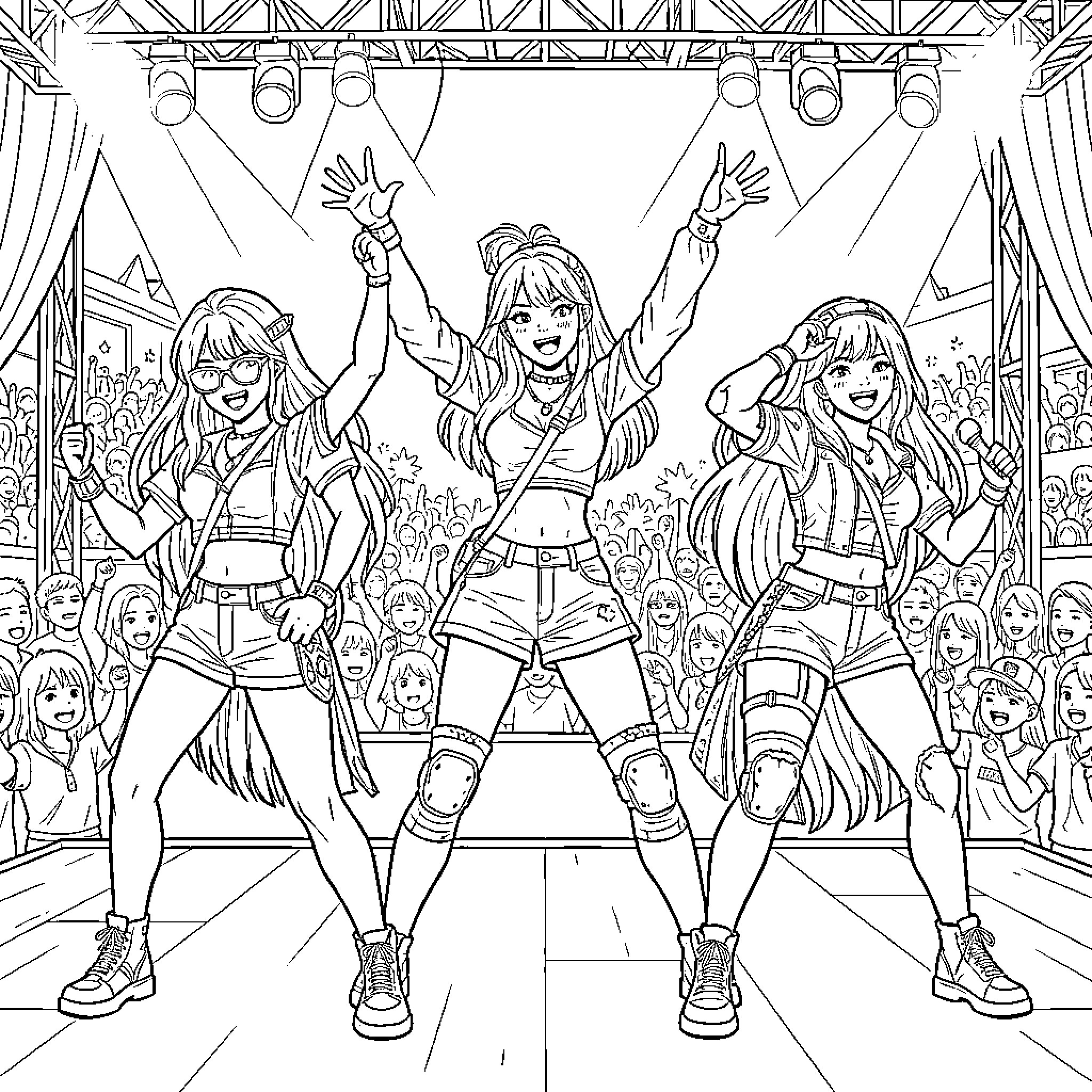 K-Pop Warriors performing energetic dance moves on stage Coloring Page (free black-and-white line drawing printable PDF for all, from beginners to advanced learners, including children, teens, adults, and seniors)
