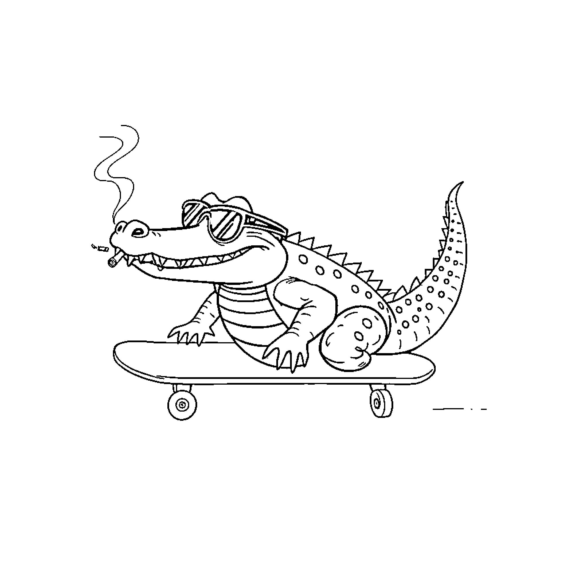 Alligator riding a skateboard Coloring Page (free black-and-white line drawing printable PDF for all, from beginners to advanced learners, including children, teens, adults, and seniors)