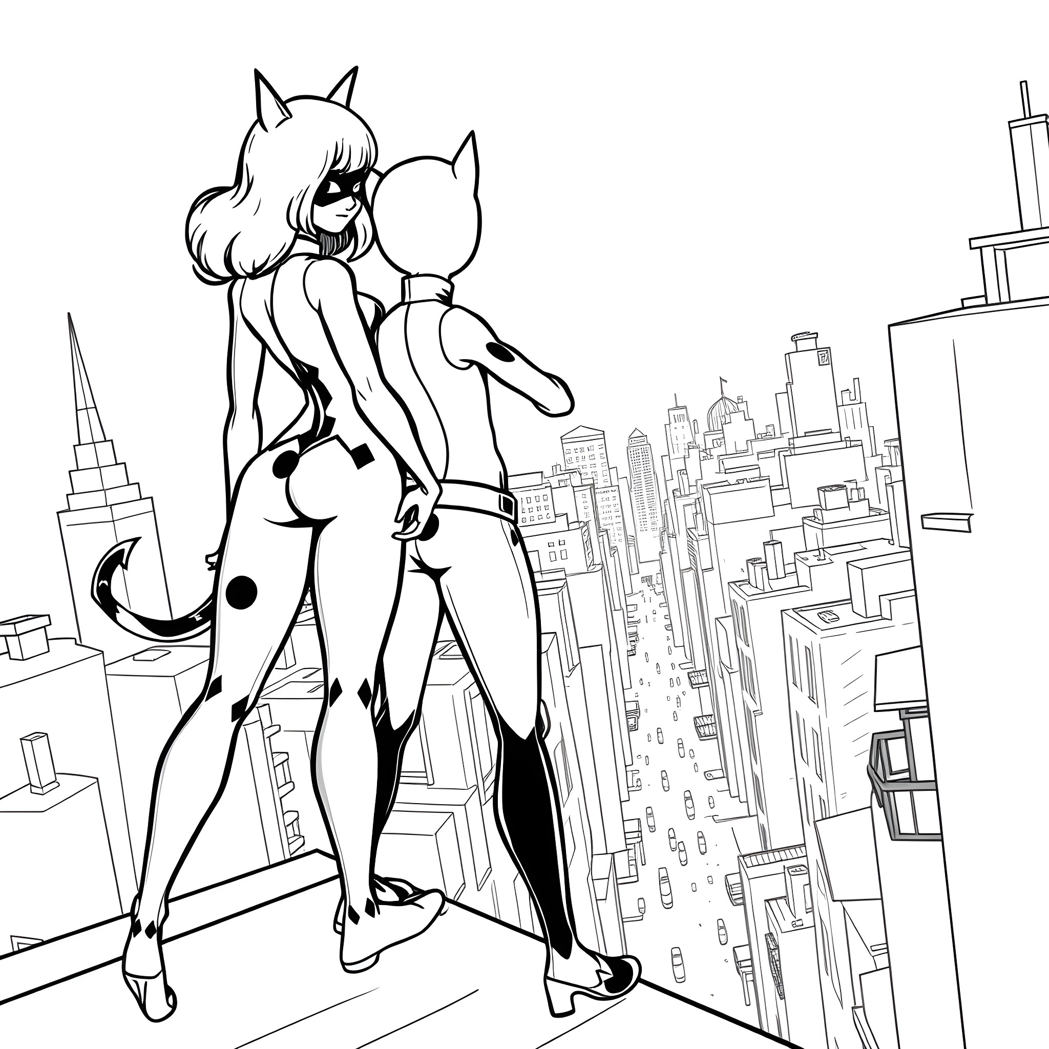 Ladybug heroine poses heroically in the city Coloring Page (free black-and-white line drawing printable PDF for all, from beginners to advanced learners, including children, teens, adults, and seniors)