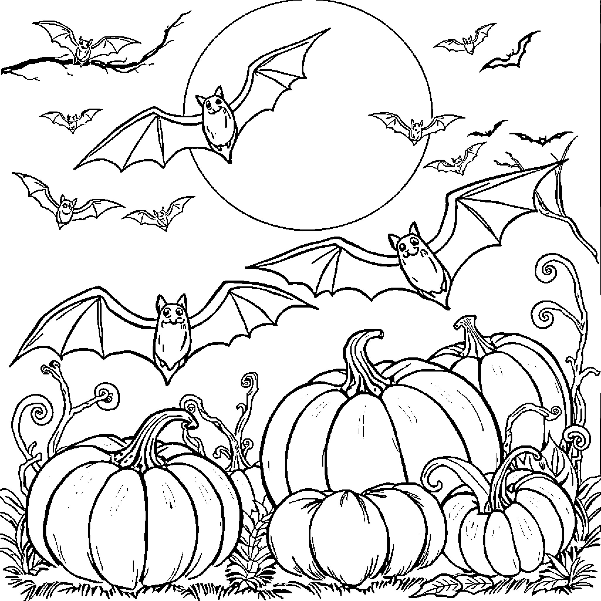 Bat flying over pumpkin patch at night Coloring Page (free black-and-white line drawing printable PDF for all, from beginners to advanced learners, including children, teens, adults, and seniors)