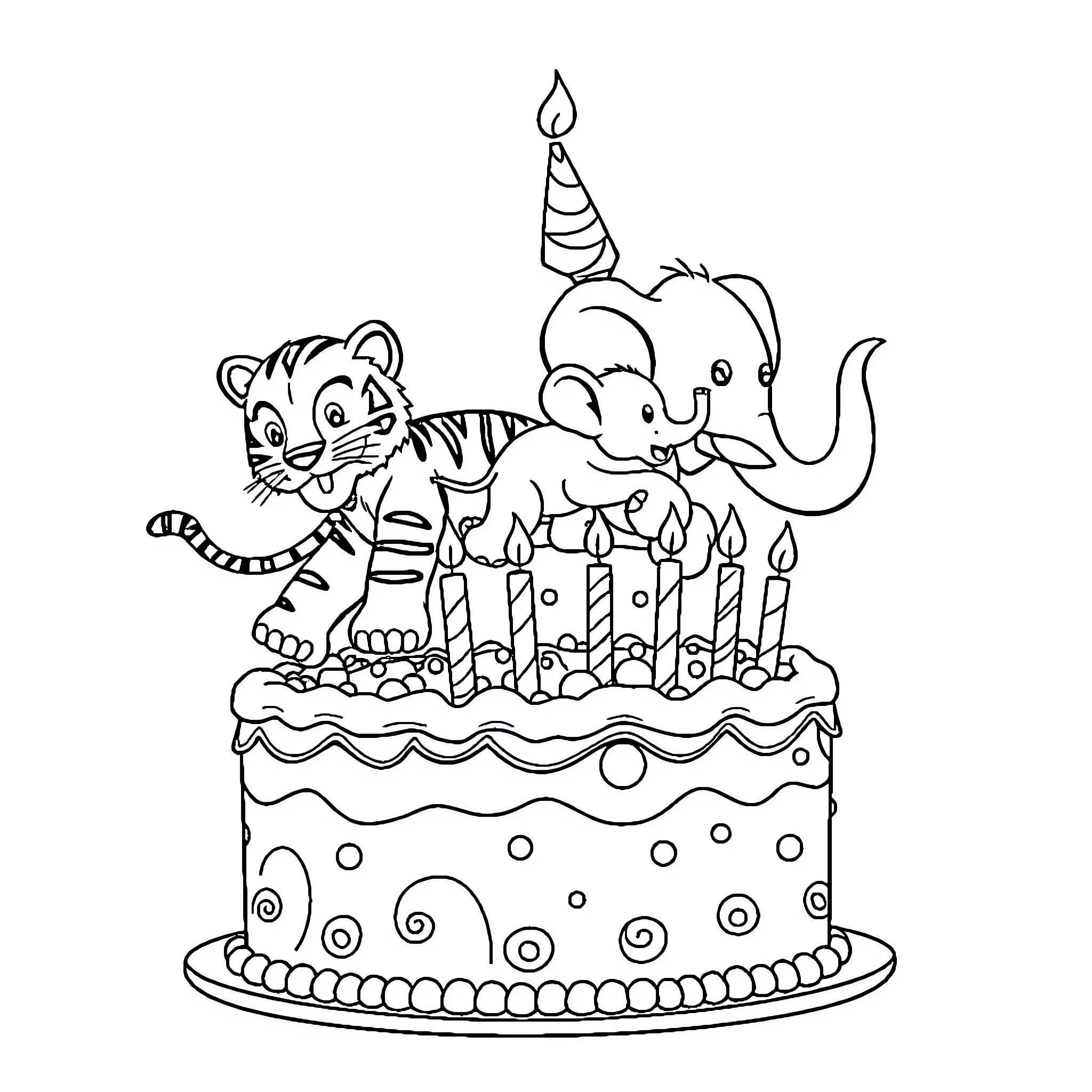 Elephant and Tiger Celebrate Birthday with Cake Coloring Page (free black-and-white line drawing printable PDF for all, from beginners to advanced learners, including children, teens, adults, and seniors)