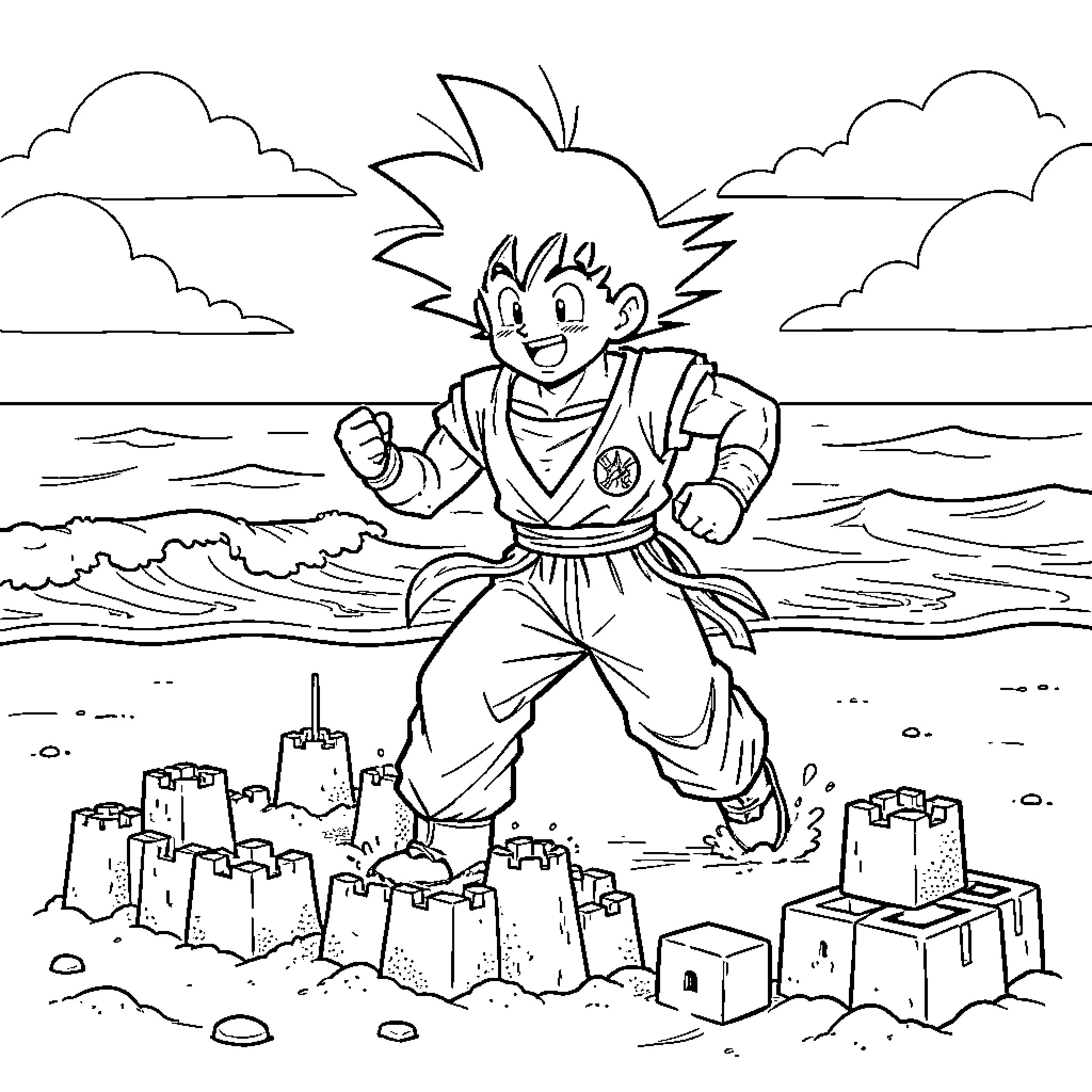 Goku playing joyfully with sandcastles on the beach Coloring Page (free black-and-white line drawing printable PDF for all, from beginners to advanced learners, including children, teens, adults, and seniors)