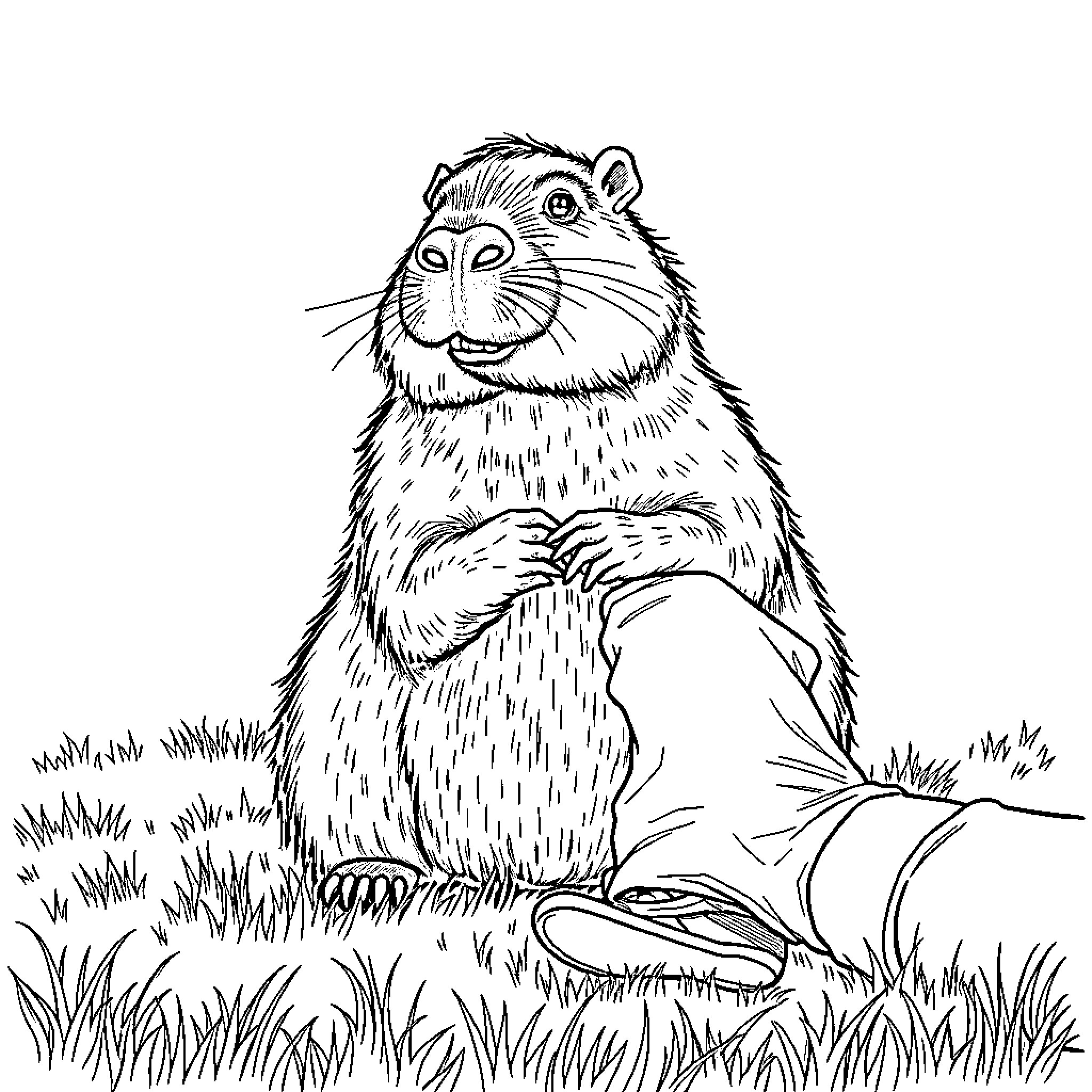Capybara enjoying a sunny day in the grass Coloring Page (free black-and-white line drawing printable PDF for all, from beginners to advanced learners, including children, teens, adults, and seniors)