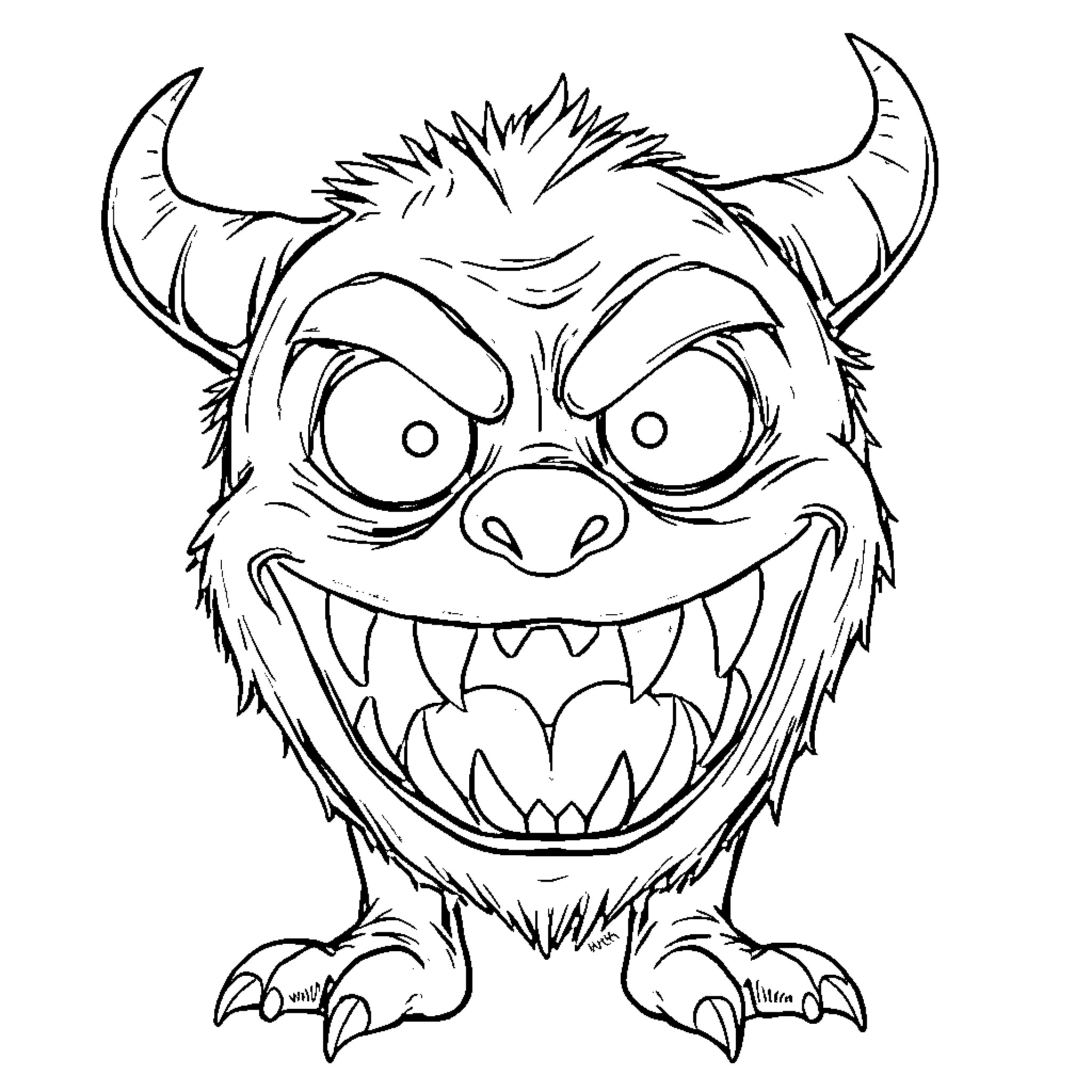 Monster with Horns Baring Teeth Coloring Page (free black-and-white line drawing printable PDF for all, from beginners to advanced learners, including children, teens, adults, and seniors)