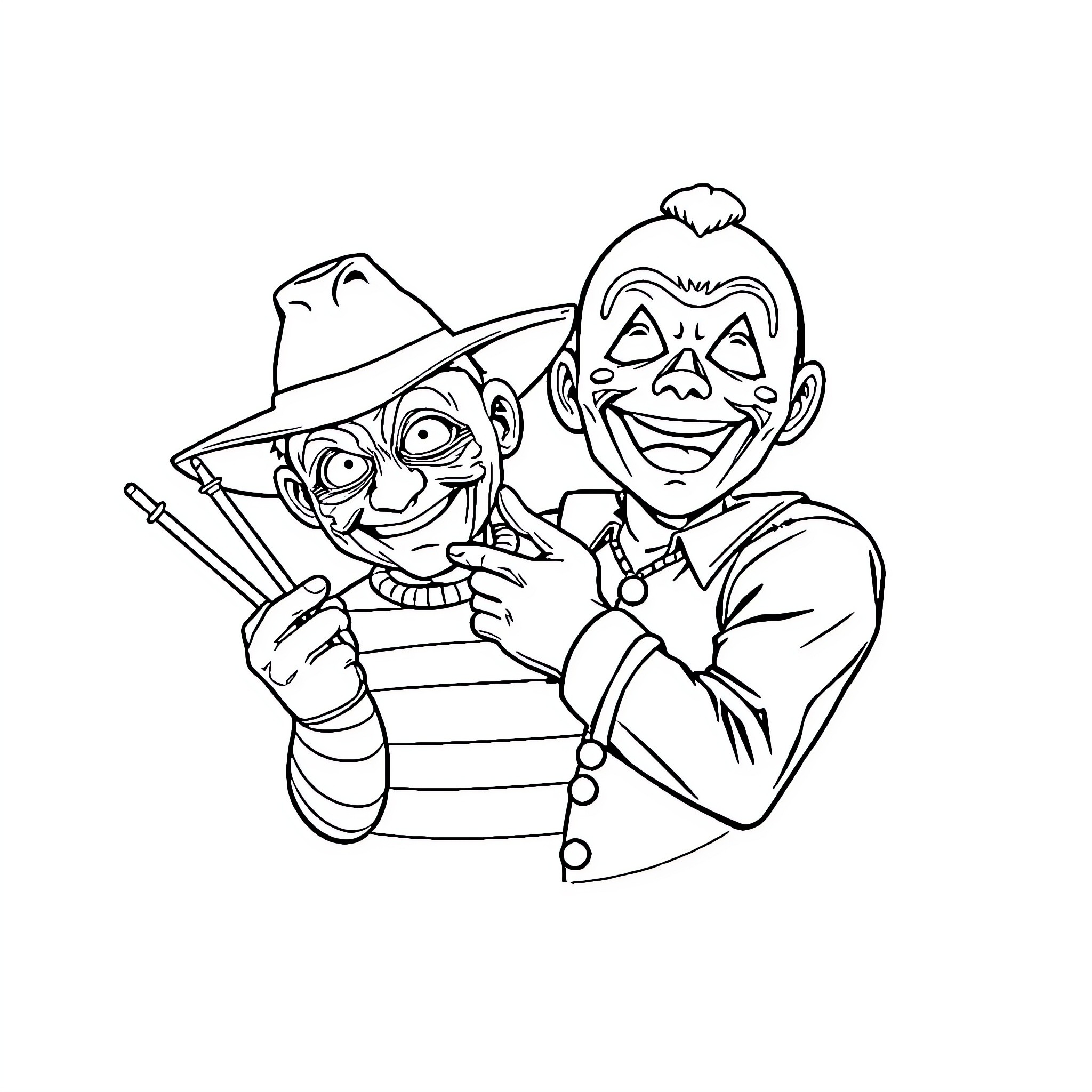 Freddy and Jason in Playful Confrontation Coloring Page (free black-and-white line drawing printable PDF for all, from beginners to advanced learners, including children, teens, adults, and seniors)