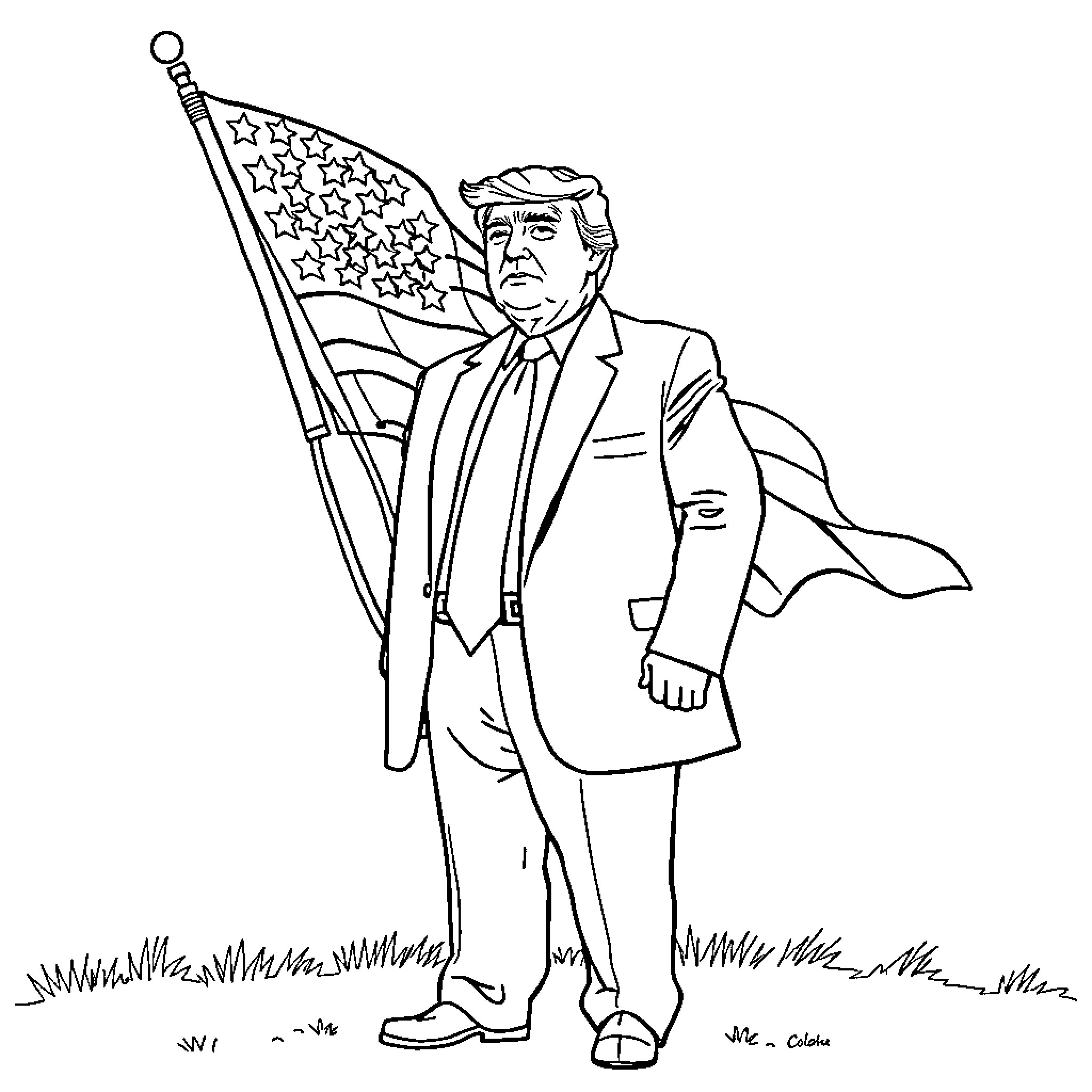 Donald Trump proudly holding American flag Coloring Page (free black-and-white line drawing printable PDF for all, from beginners to advanced learners, including children, teens, adults, and seniors)