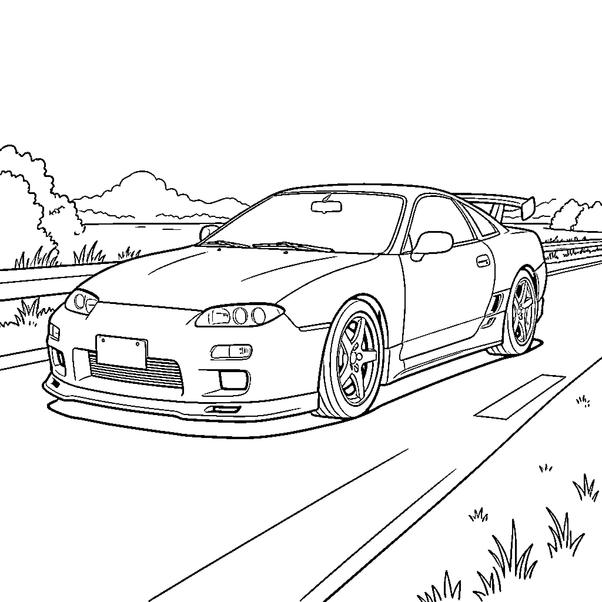 Nissan 300ZX driving along a scenic coastal road Coloring Page (free black-and-white line drawing printable PDF for all, from beginners to advanced learners, including children, teens, adults, and seniors)