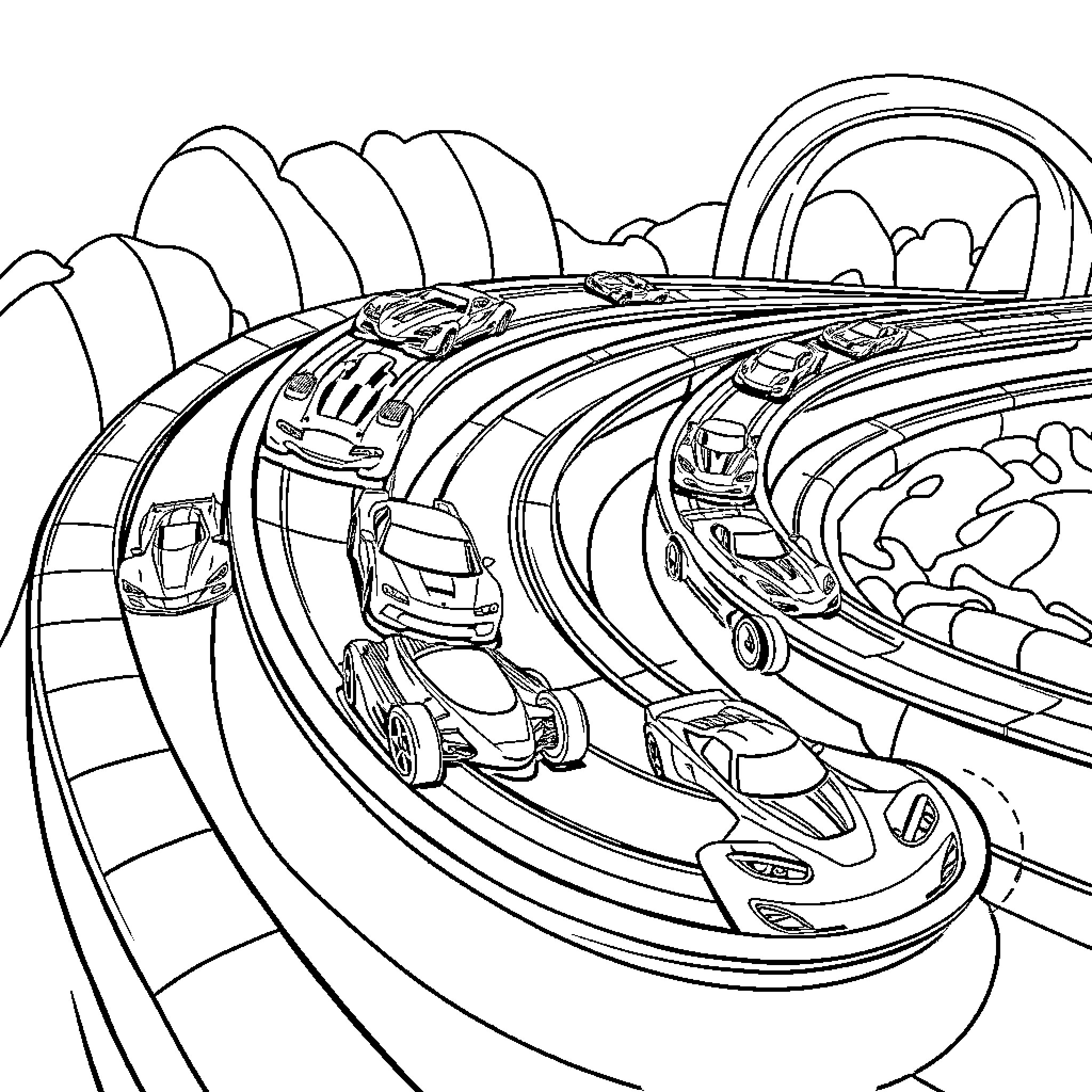 Hot Wheels racing down the loop-the-loop track Coloring Page (free black-and-white line drawing printable PDF for all, from beginners to advanced learners, including children, teens, adults, and seniors)