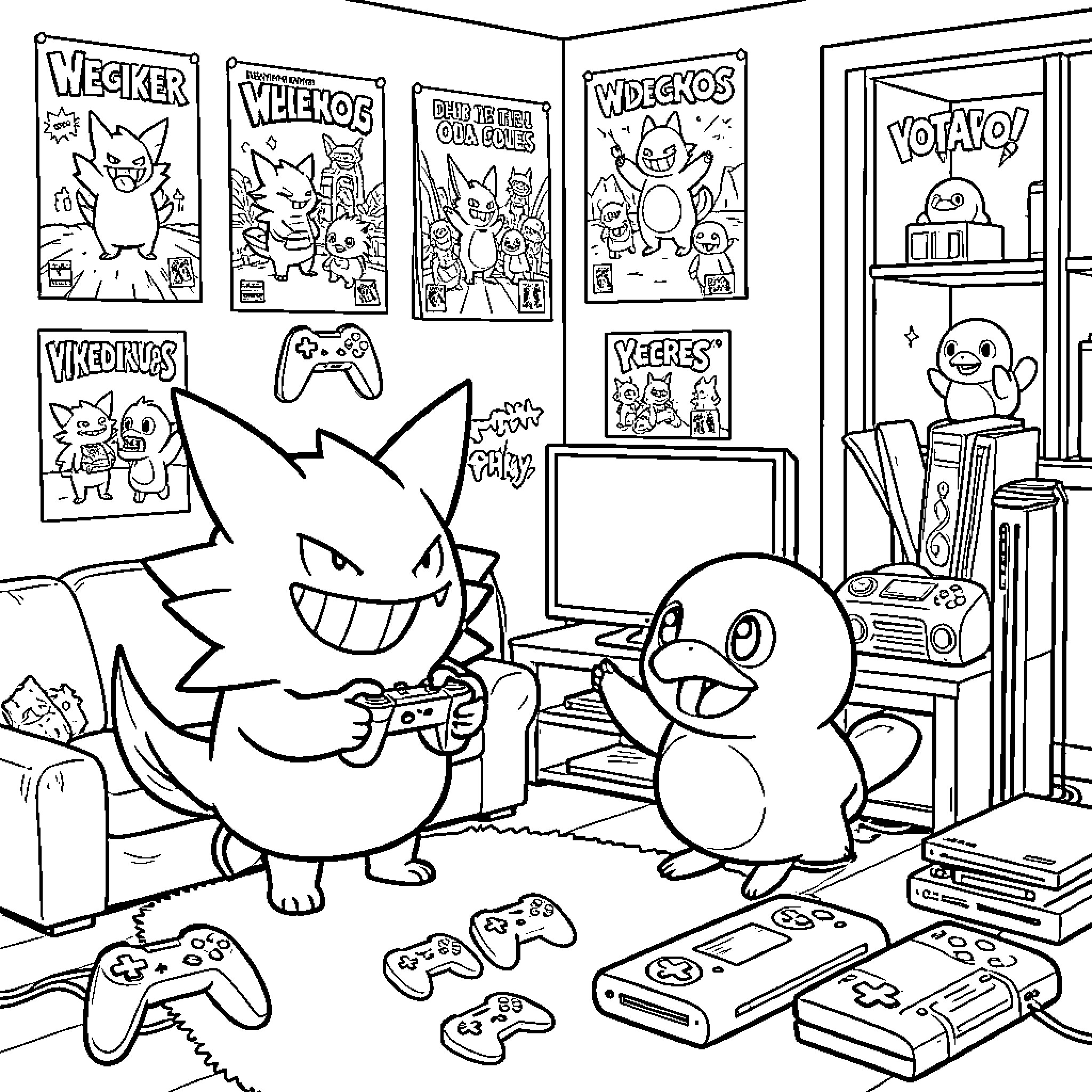 Gengar enjoying a gaming session with friends Coloring Page (free black-and-white line drawing printable PDF for all, from beginners to advanced learners, including children, teens, adults, and seniors)