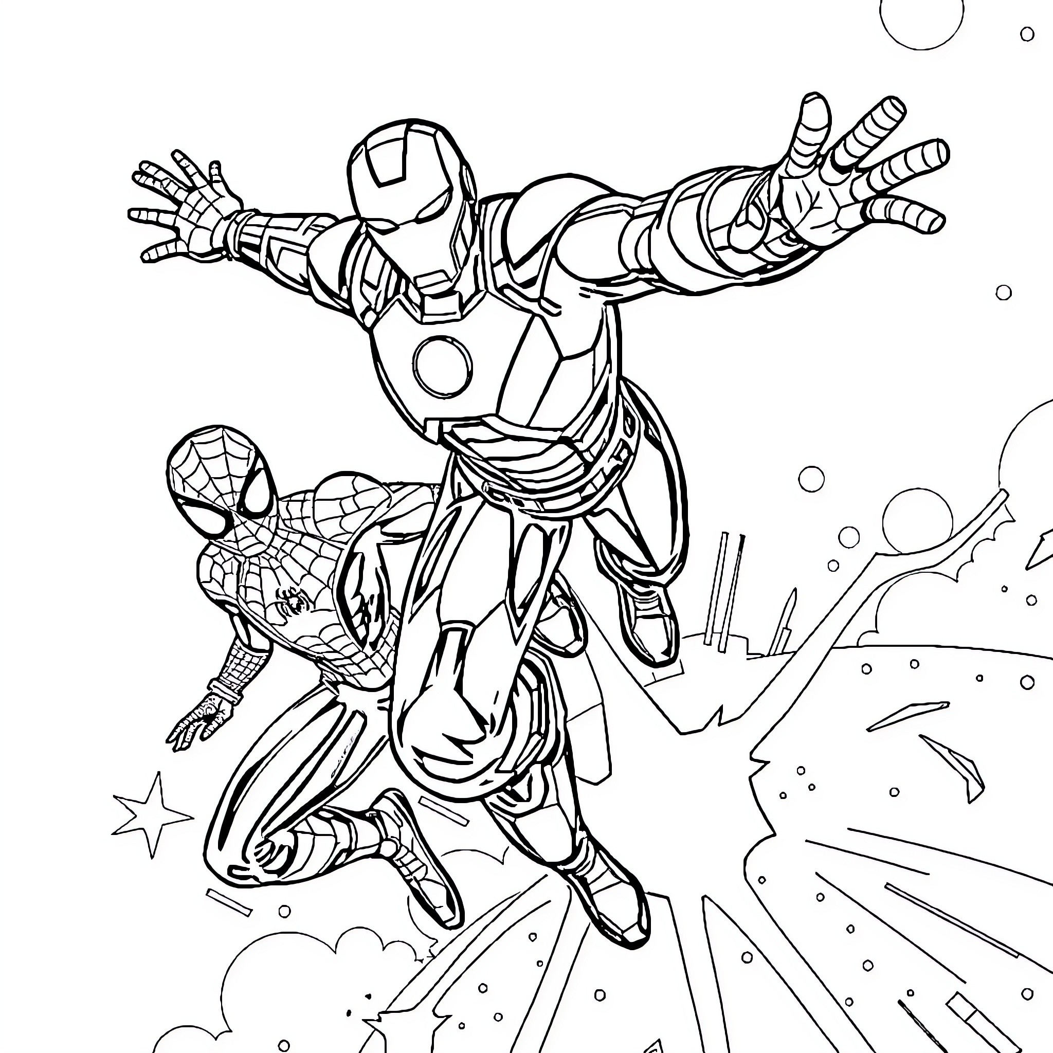 Iron Man and Spider-Man in Epic Battle Coloring Page (free black-and-white line drawing printable PDF for all, from beginners to advanced learners, including children, teens, adults, and seniors)
