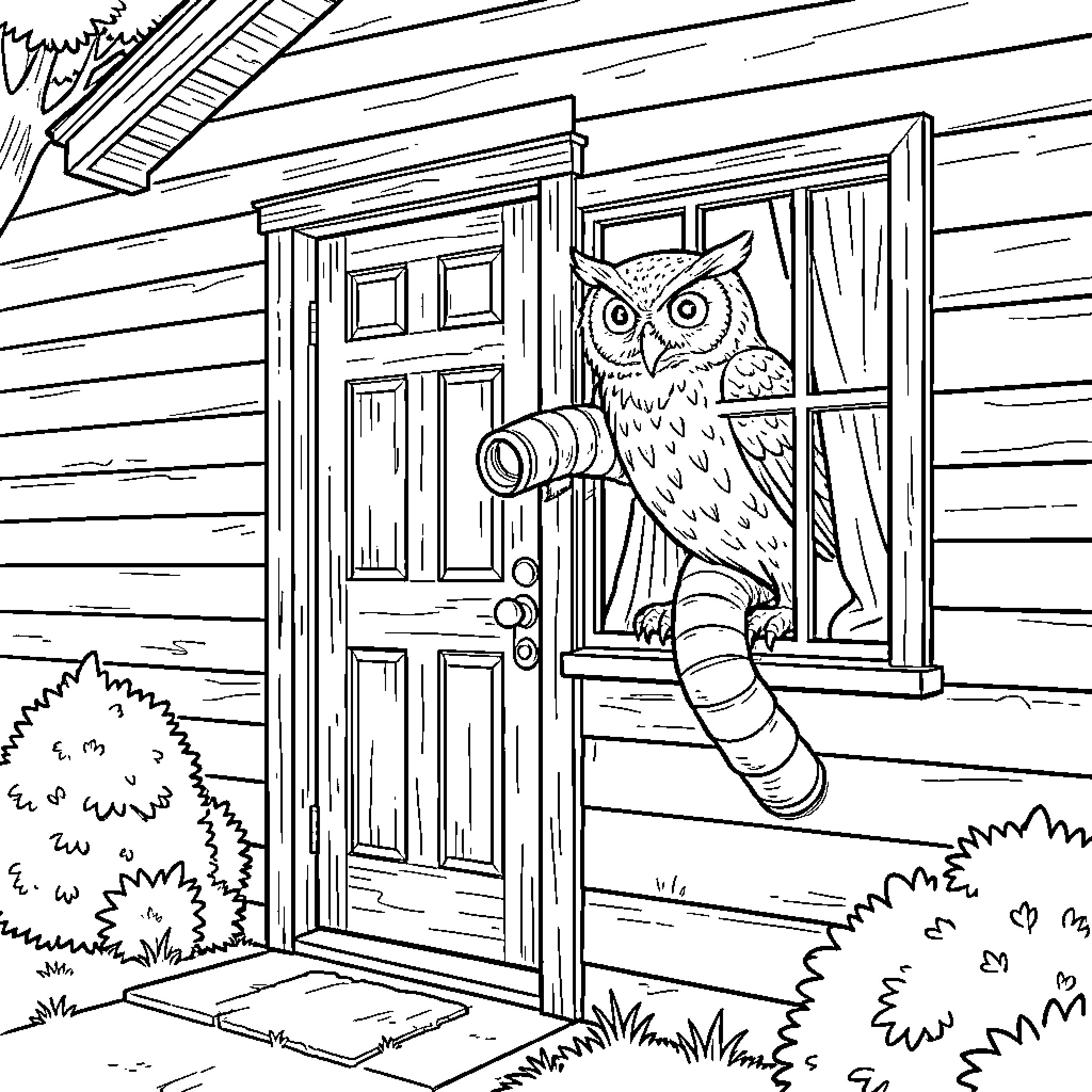 Owl perched on a rustic cabin doorway Coloring Page (free black-and-white line drawing printable PDF for all, from beginners to advanced learners, including children, teens, adults, and seniors)