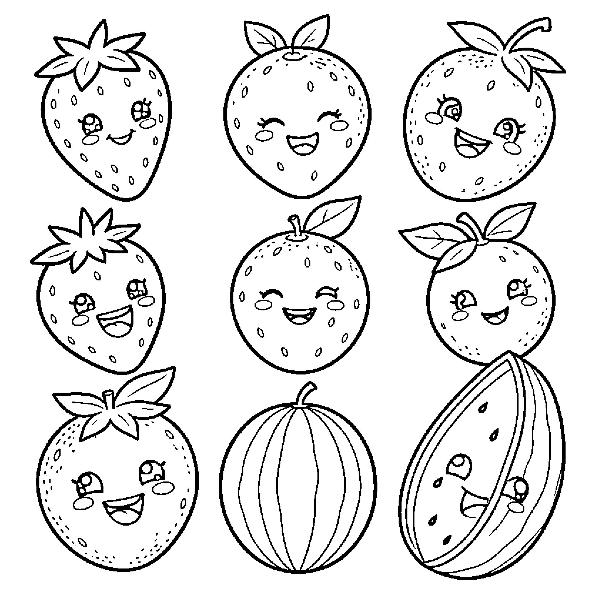 Fruit characters smiling and laughing with joyful expressions Coloring Page (free black-and-white line drawing printable PDF for all, from beginners to advanced learners, including children, teens, adults, and seniors)