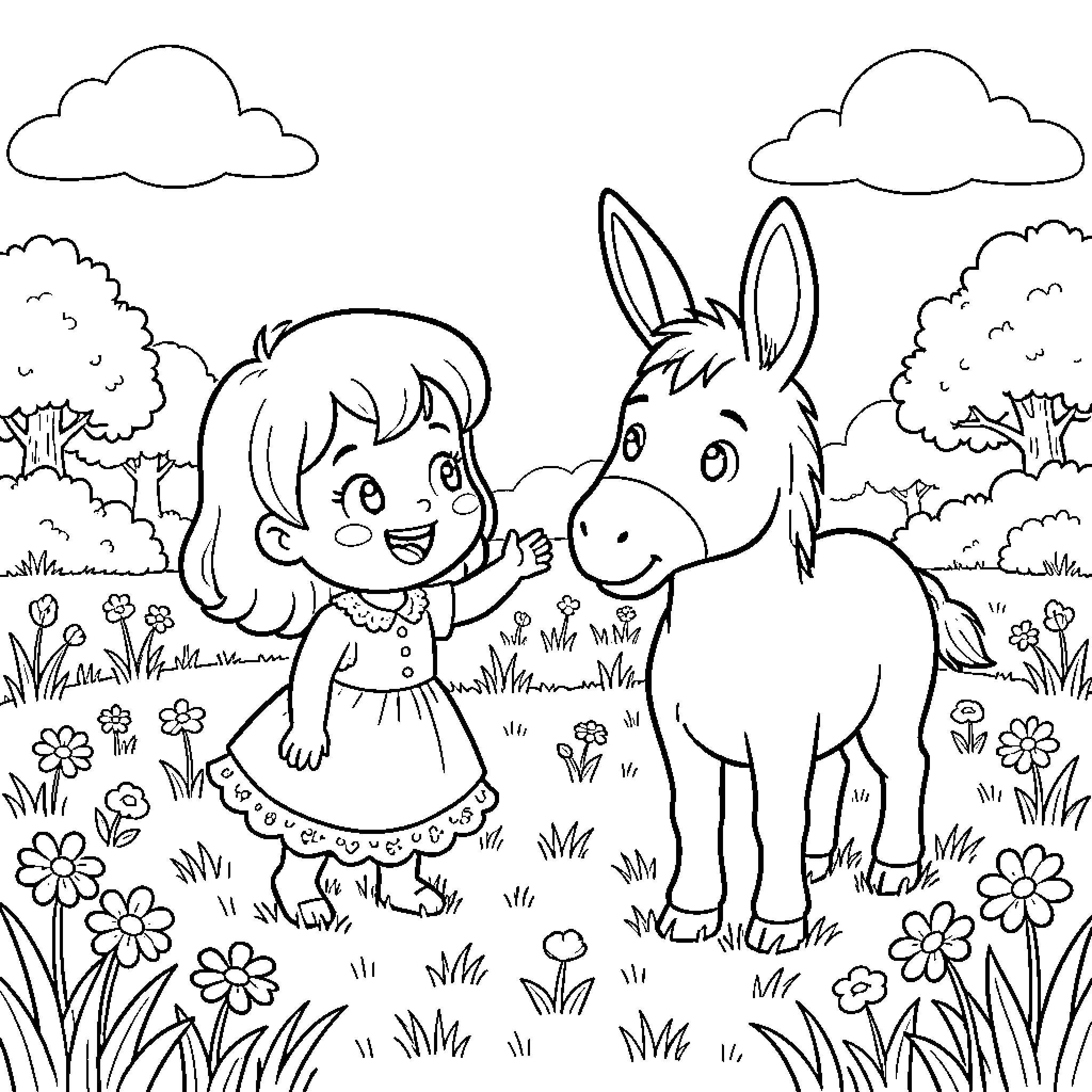 Princesse Sofia interacting happily with a friendly donkey Coloring Page (free black-and-white line drawing printable PDF for all, from beginners to advanced learners, including children, teens, adults, and seniors)