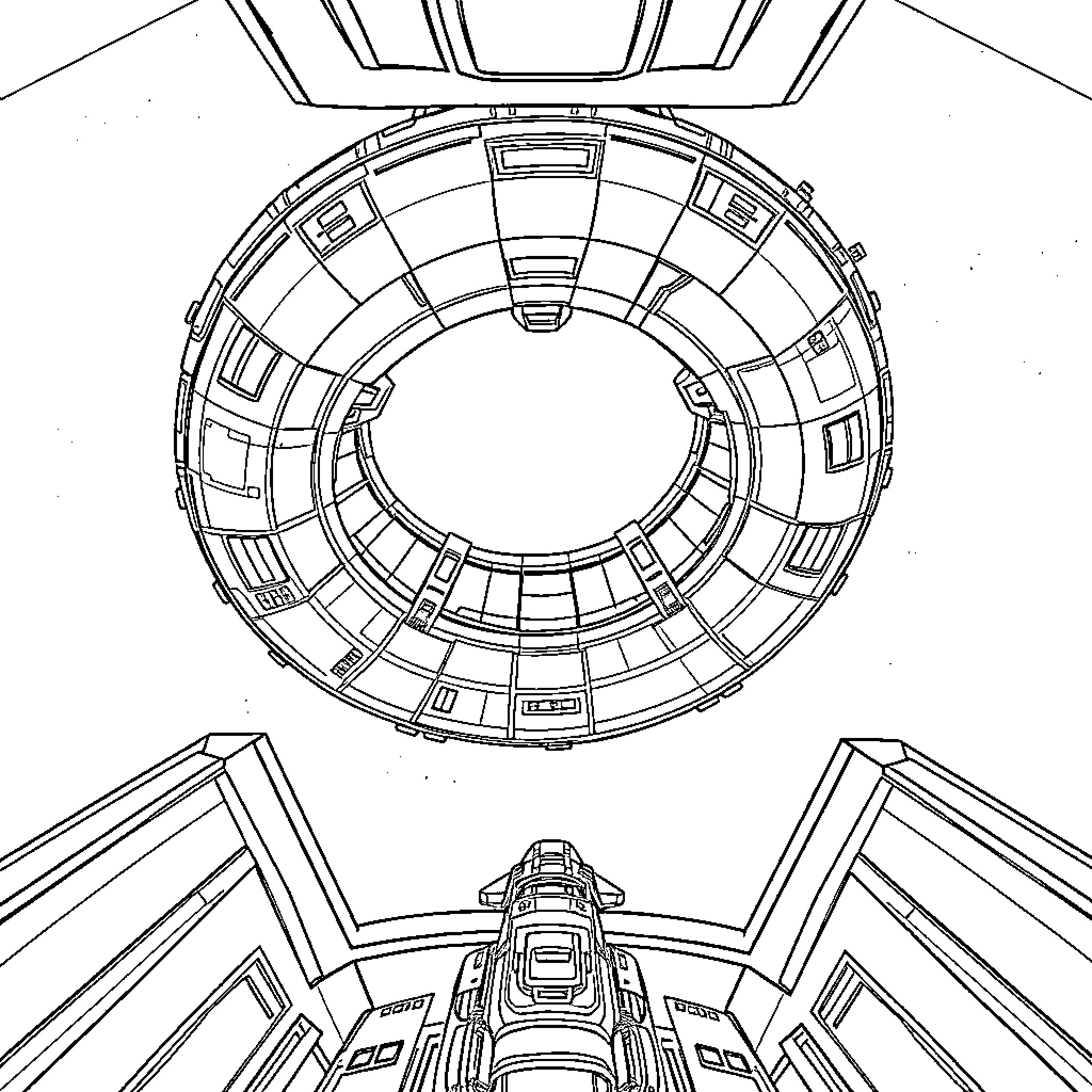 Space Station Interior with Futuristic Architecture Coloring Page (free black-and-white line drawing printable PDF for all, from beginners to advanced learners, including children, teens, adults, and seniors)