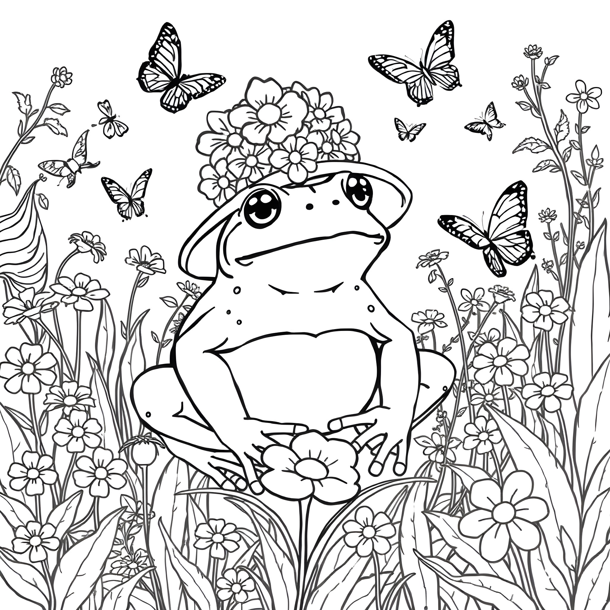 Frog sitting among colorful flowers and butterflies Coloring Page (free black-and-white line drawing printable PDF for all, from beginners to advanced learners, including children, teens, adults, and seniors)
