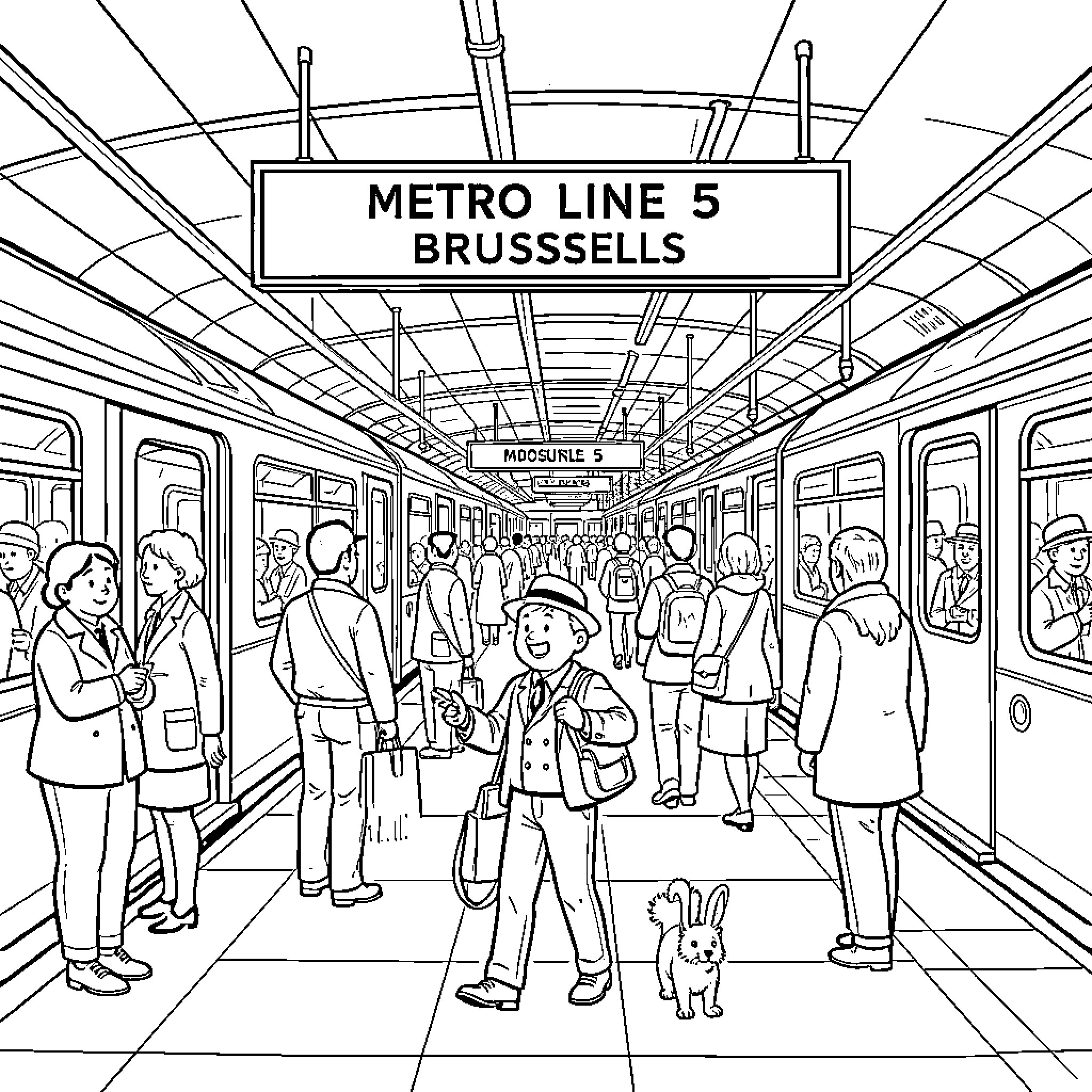 Tintin walking through a crowded metro station platform Coloring Page (free black-and-white line drawing printable PDF for all, from beginners to advanced learners, including children, teens, adults, and seniors)