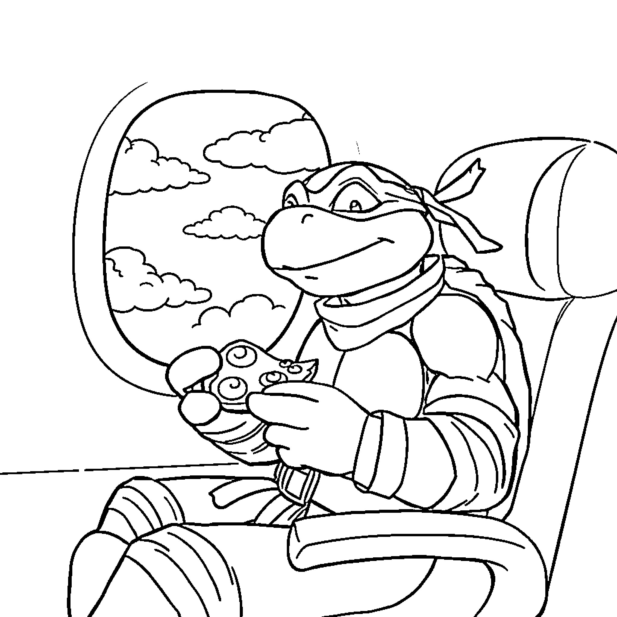 Ninja Turtle playing video game in the clouds Coloring Page (free black-and-white line drawing printable PDF for all, from beginners to advanced learners, including children, teens, adults, and seniors)